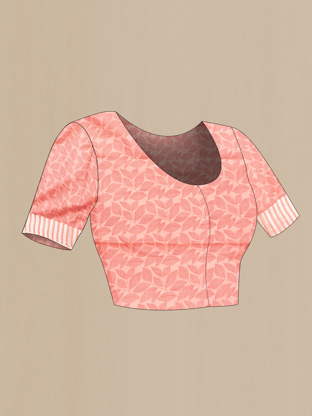 Close up image of the blouse of Peach Dual Tone Tussar Silk Saree with Stripes on the body and Without Border. 