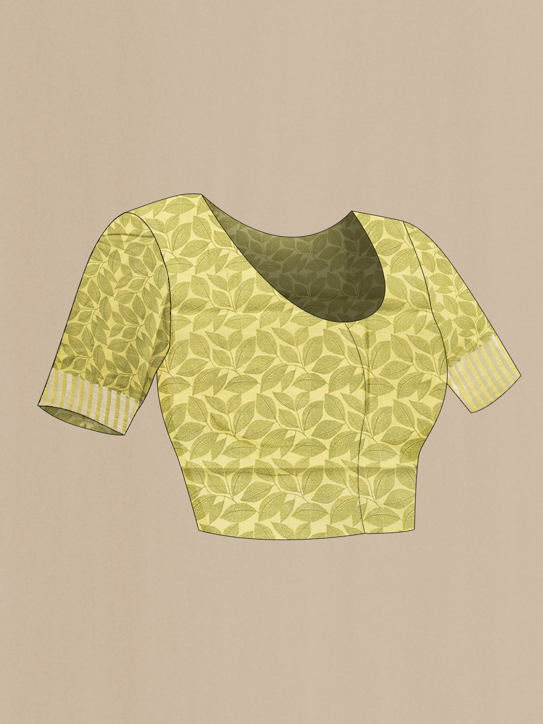 Close up image of the blouse of Pista Green Dual Tone Tussar Silk Saree with Stripes on the body and Thin Zari Line. 
