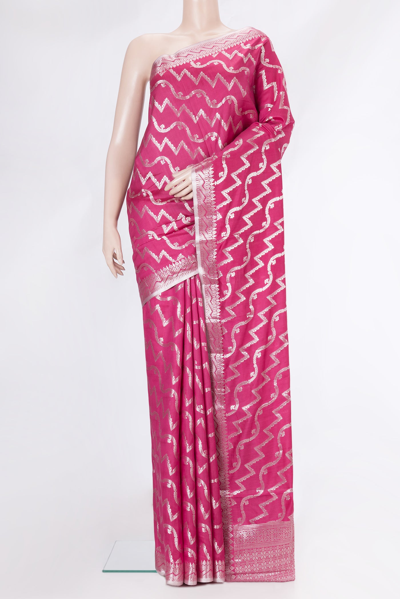 Pink Dual Tone Tussar Silk Saree with Zari Brocade on the body and Zari Border.  displayed on a mannequin