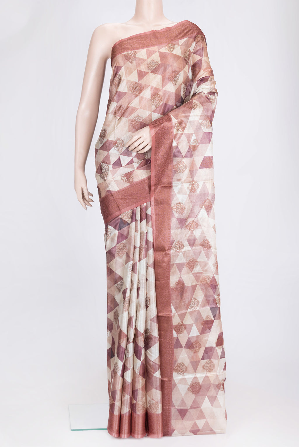 Brown Dual Tone Tussar Silk Saree with Printed design on the body and Zari Border.  displayed on a mannequin