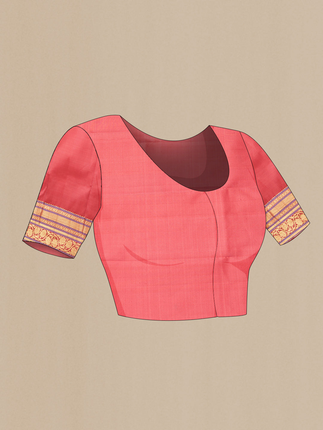 Close up image of the blouse of Golden Peach Dual Tone Kanjivaram Saree with Zari Butta on the body and Zari Border. 