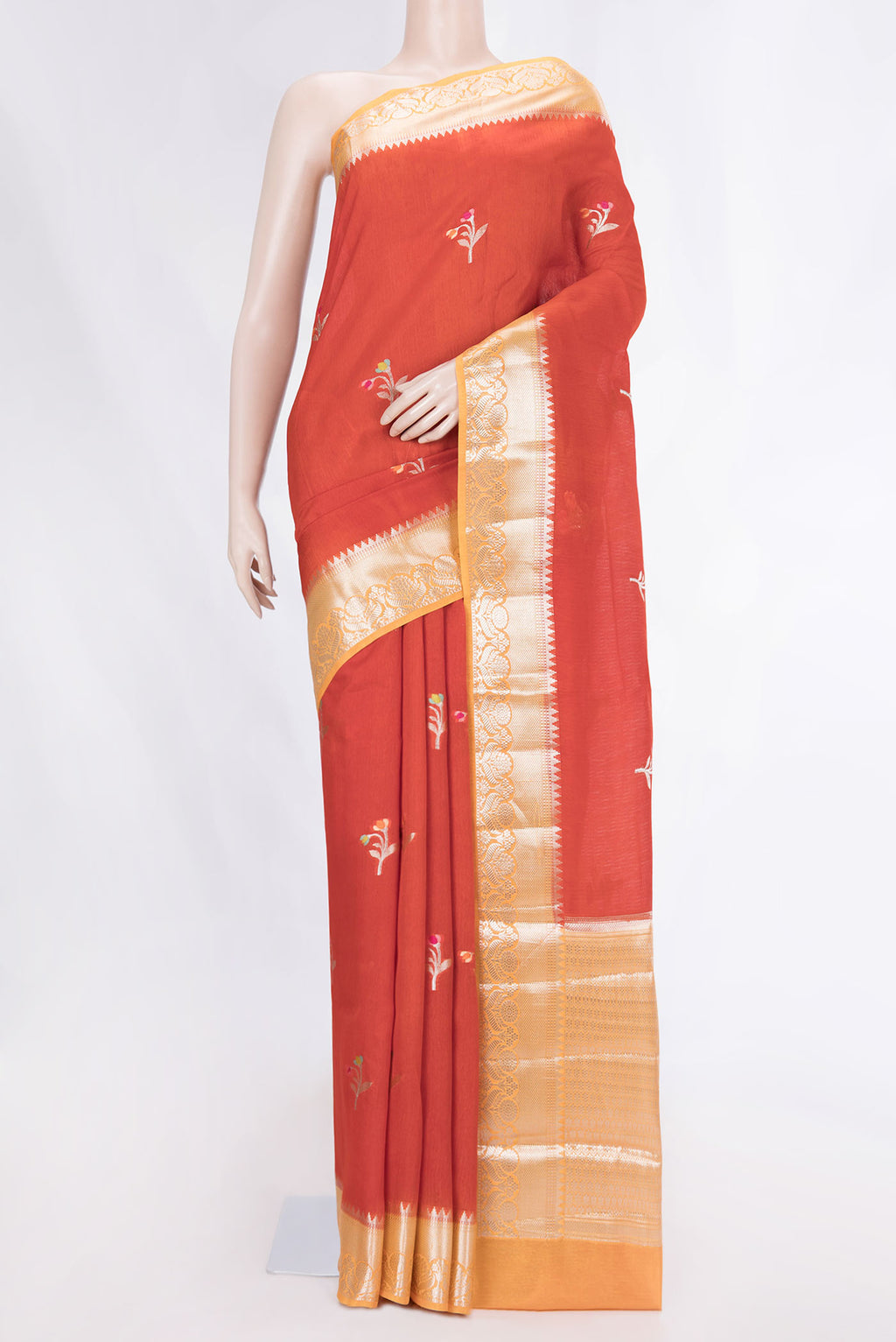 Red Banarasi Raw Silk Saree with Zari And Thread Butta on the body and Zari Border displayed on a mannequin