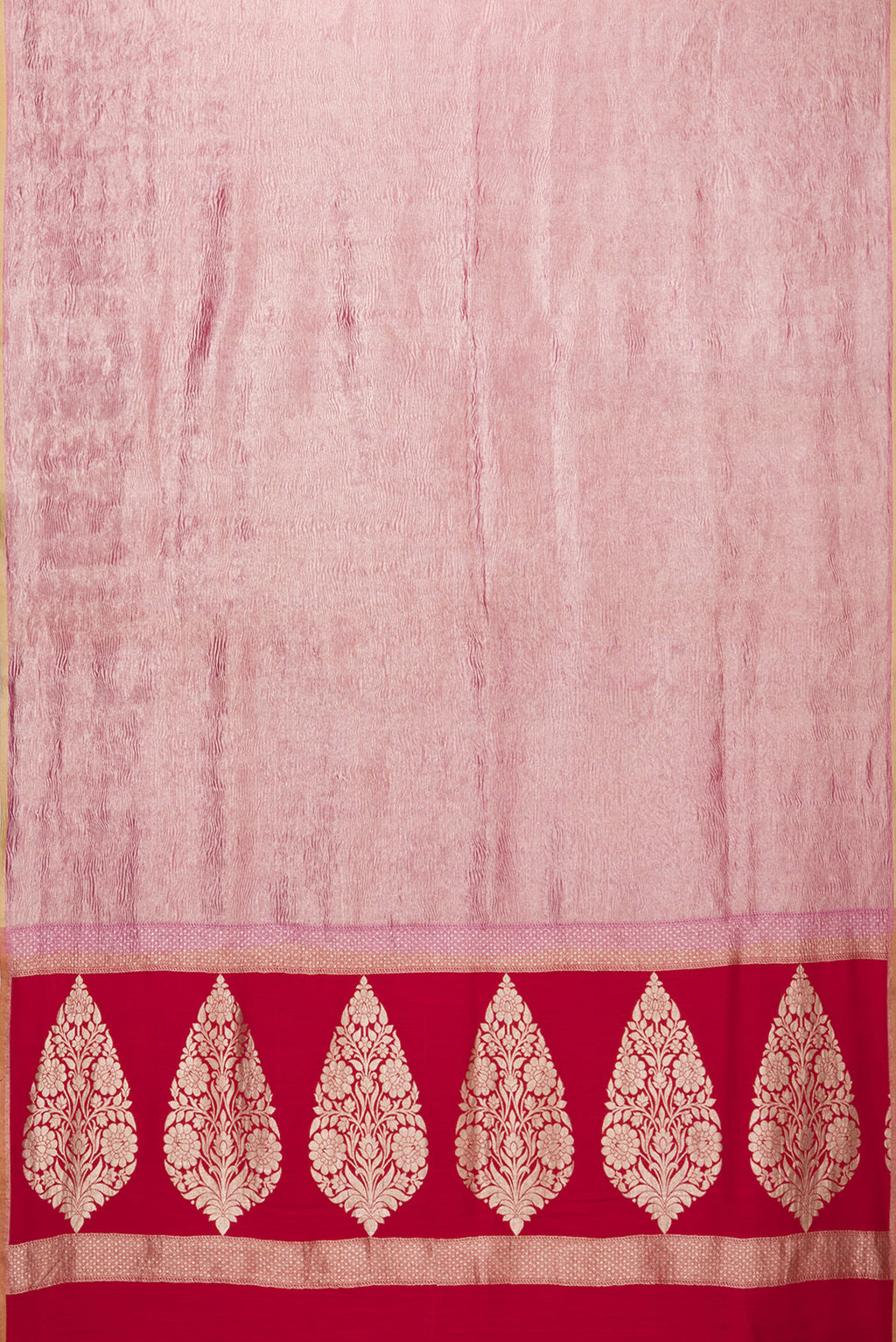 Flat view of Rani Pink Tussar Silk Saree with Stripes on the body and Zari Border. 