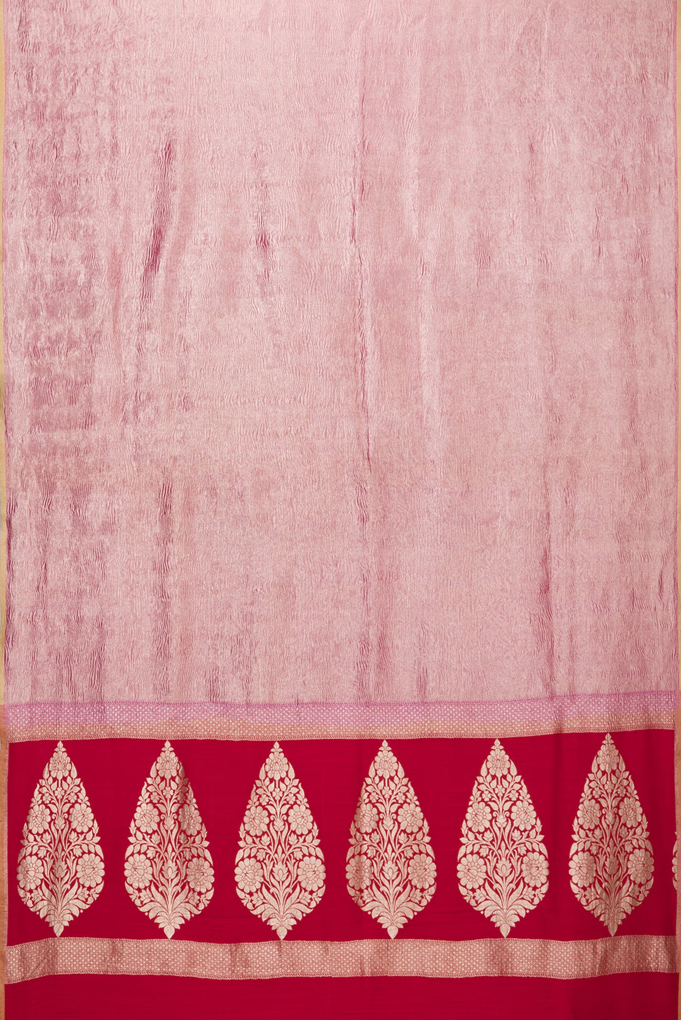Flat view of Rani Pink Tussar Silk Saree with Stripes on the body and Zari Border. 