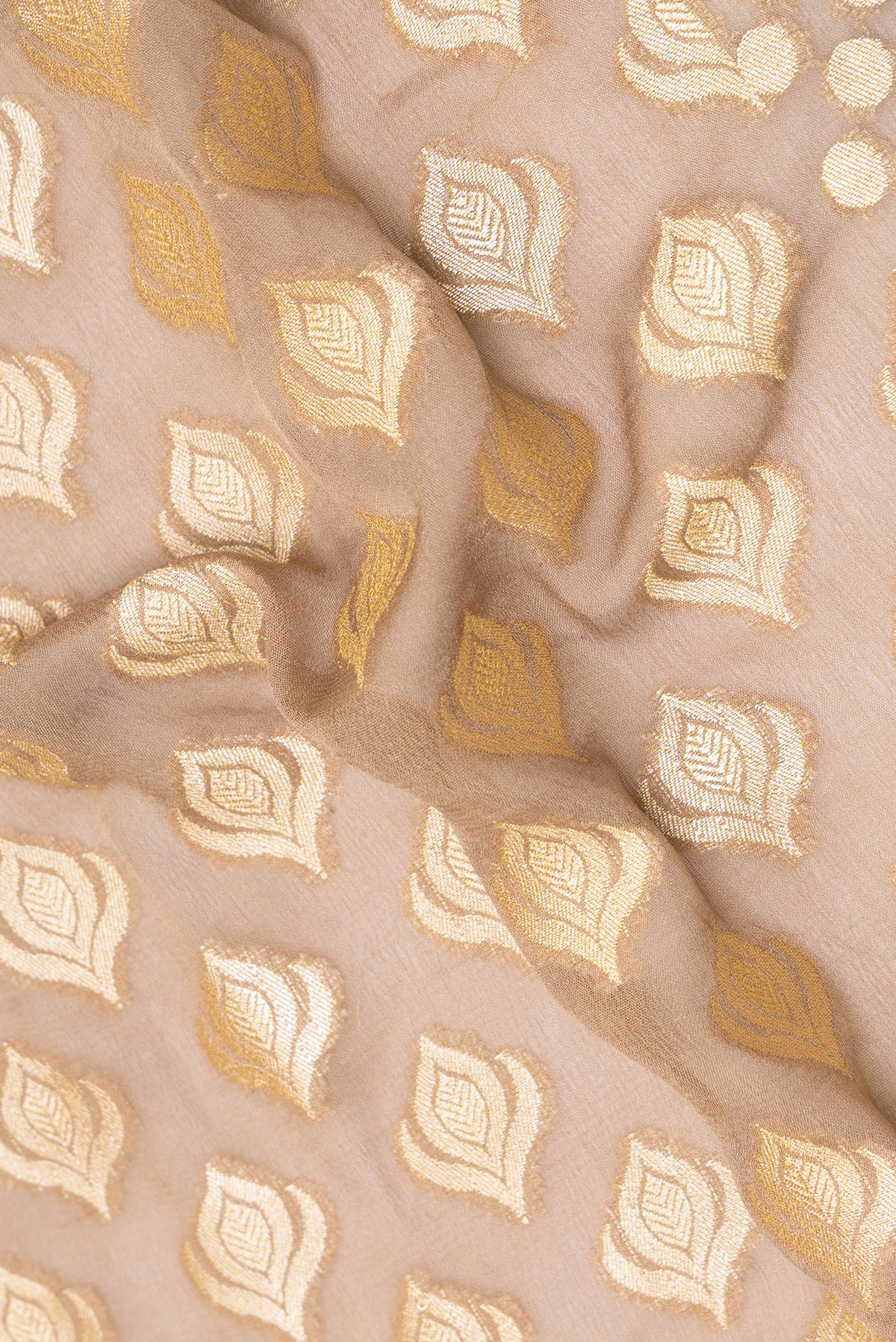 Close up of Multi Color Banarasi Georgette Saree with Zari Brocade on the body and Zari Border.  displaying folds