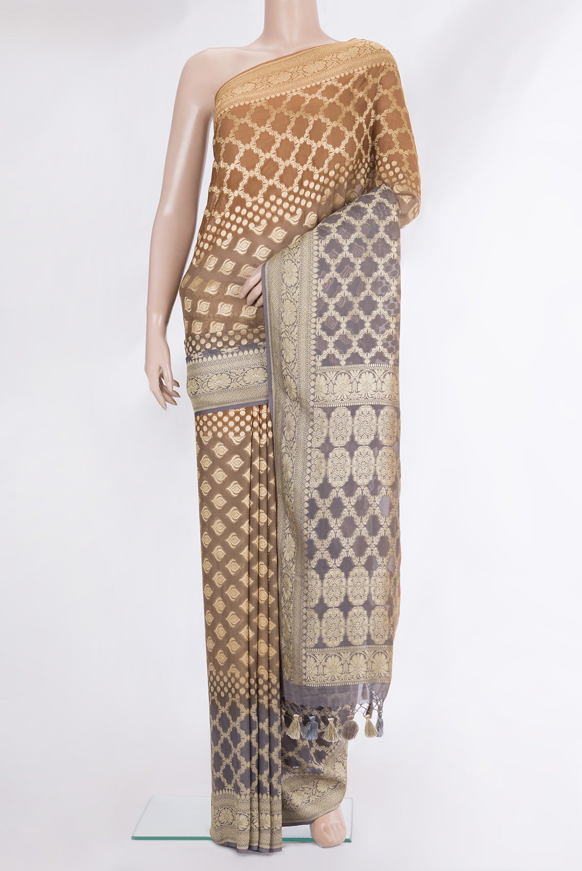 Multi Color Banarasi Georgette Saree with Zari Brocade on the body and Zari Border.  displayed on a mannequin