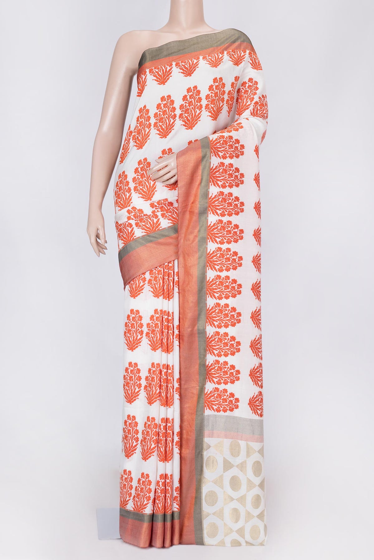 Off White Dual Tone Banarasi Silk Saree with Zari Brocade on the body and Zari Border displayed on a mannequin