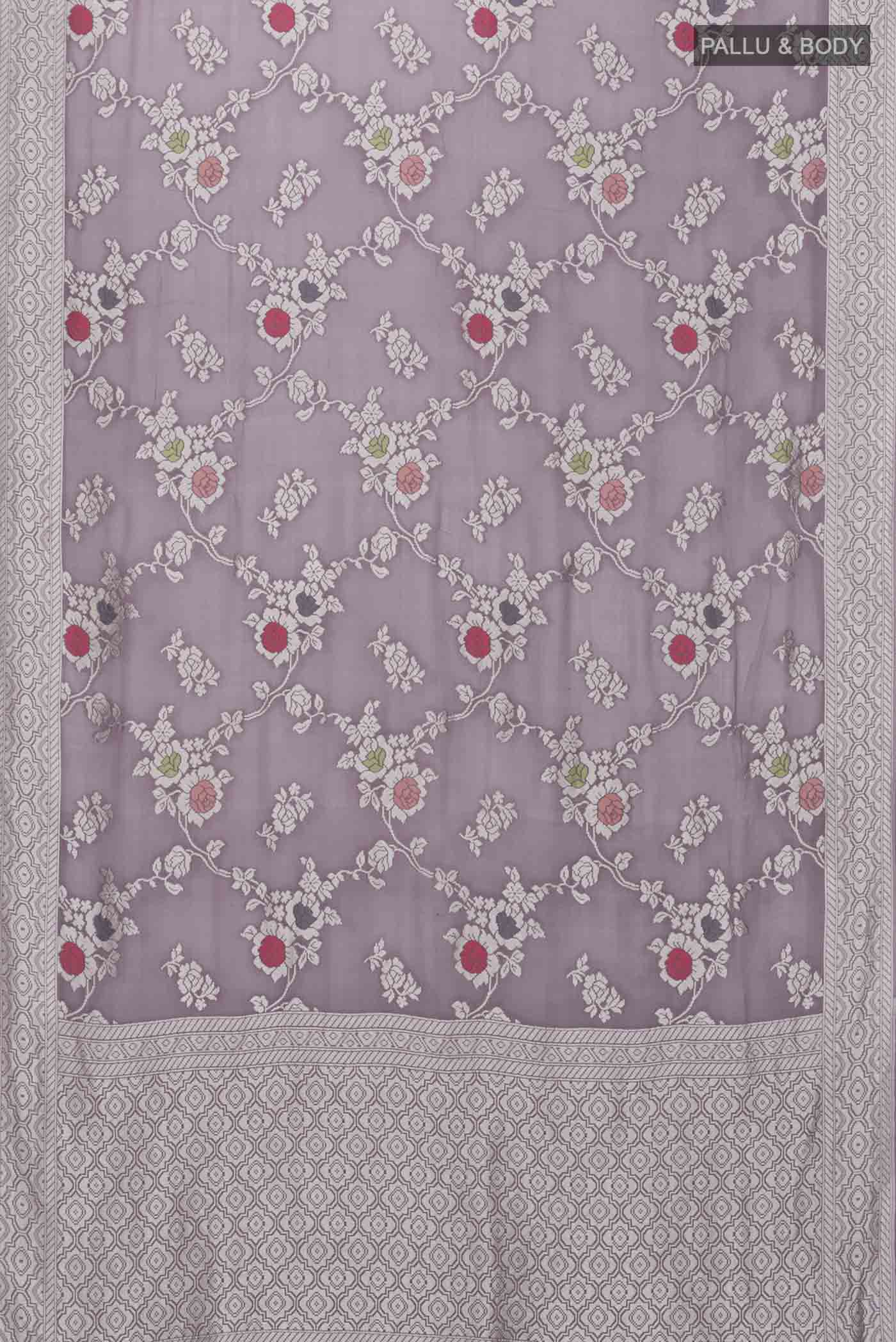 Flat view of Lilac Banarasi Georgette Saree with Zari Butta on the body and Zari Border