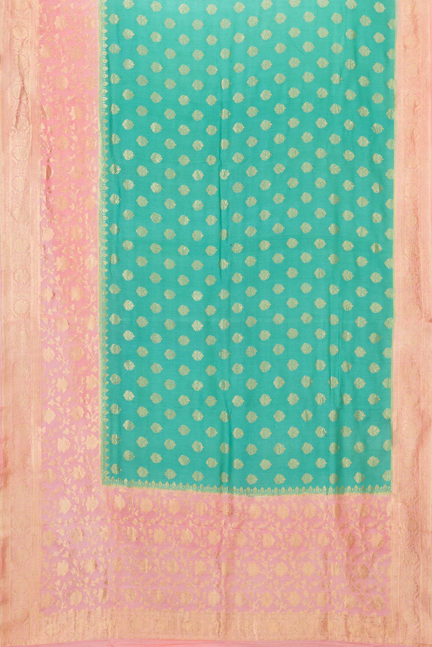 Flat view of Green Dual Tone Banarasi Silk Saree with Zari Brocade on the body and Zari Border