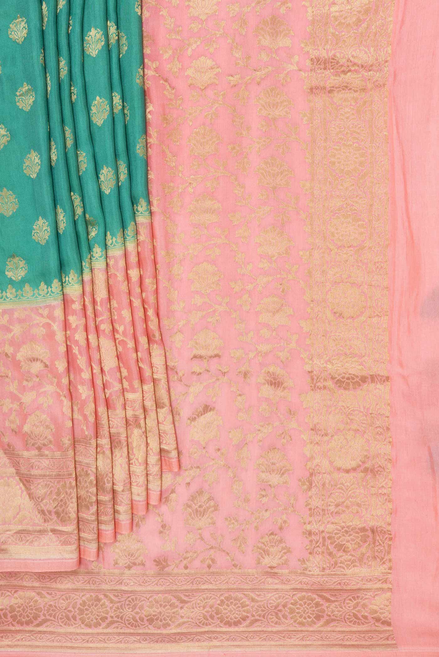 Pleats and pallu of Green Dual Tone Banarasi Silk Saree with Zari Brocade on the body and Zari Border