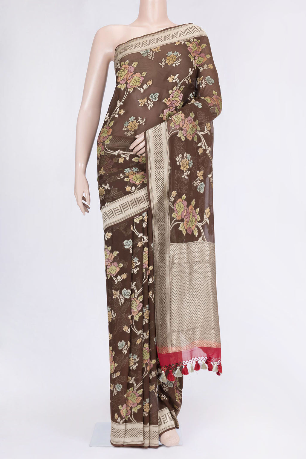 Brown Dual Tone Banarasi Saree with Zari Brocade on the body and Zari Border.  displayed on a mannequin