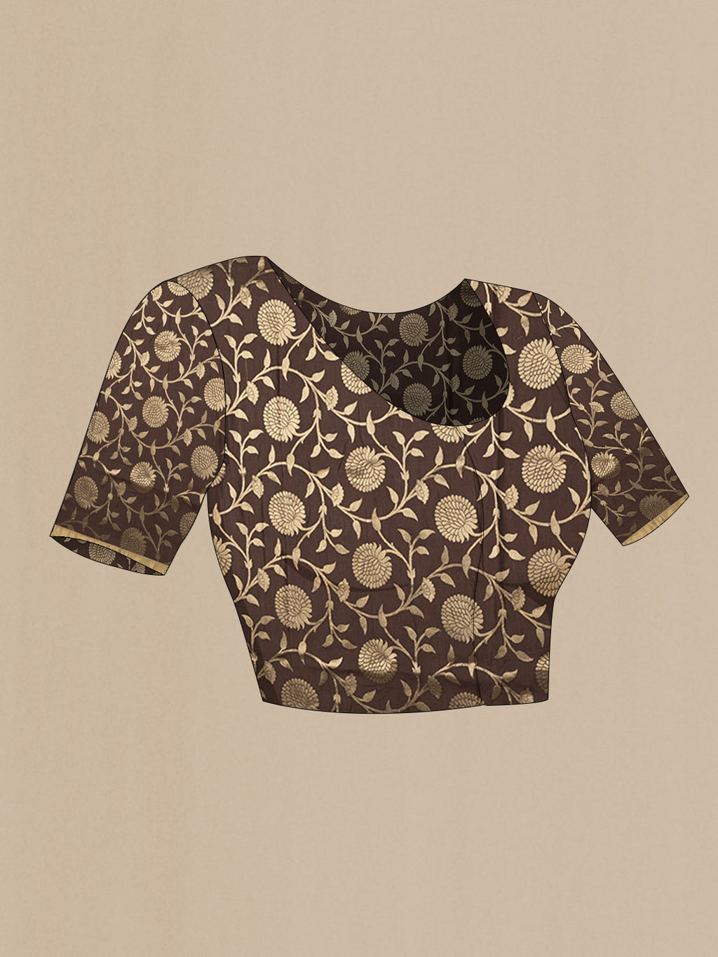 Close up image of the blouse of Coffee Brown Dual Tone Banarasi Saree with Zari Brocade on the body and Zari Border. 