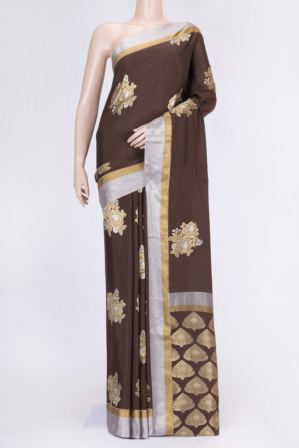 Coffee Brown Dual Tone Banarasi Saree with Zari Brocade on the body and Zari Border.  displayed on a mannequin