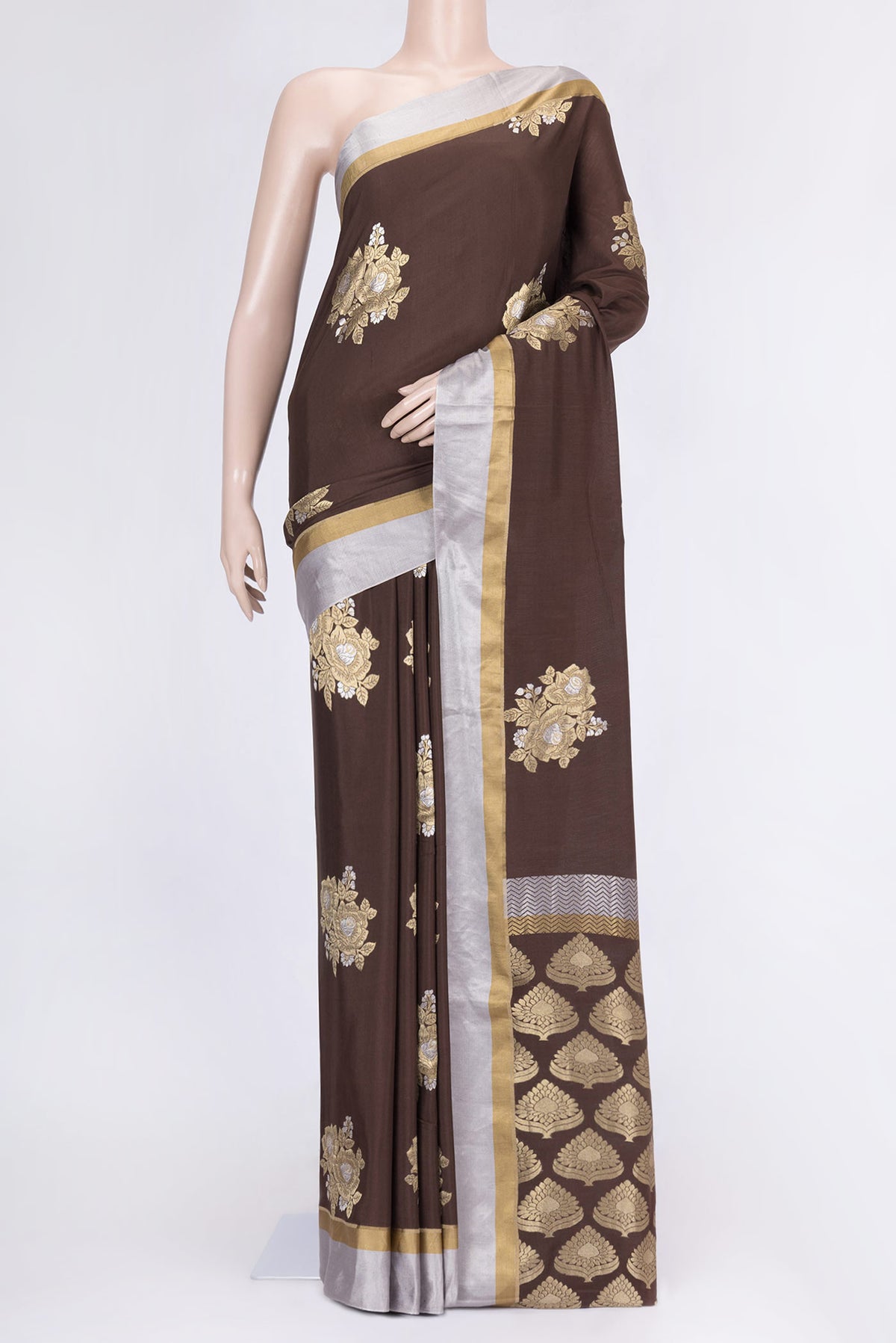 Coffee Brown Dual Tone Banarasi Saree with Zari Brocade on the body and Zari Border.  displayed on a mannequin