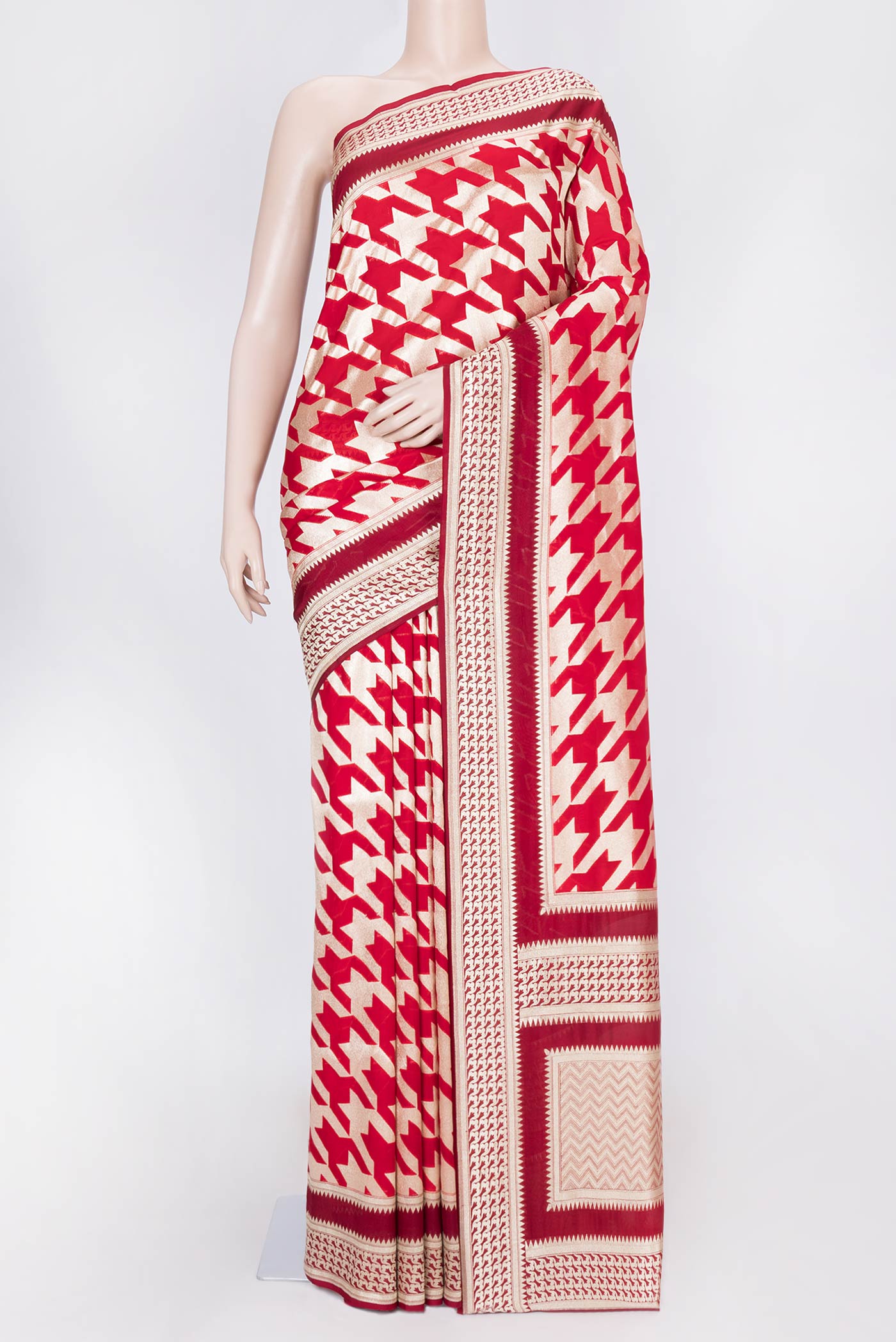 Red Dual Tone Banarasi Silk Saree with Zari Butta on the body and Zari Border displayed on a mannequin