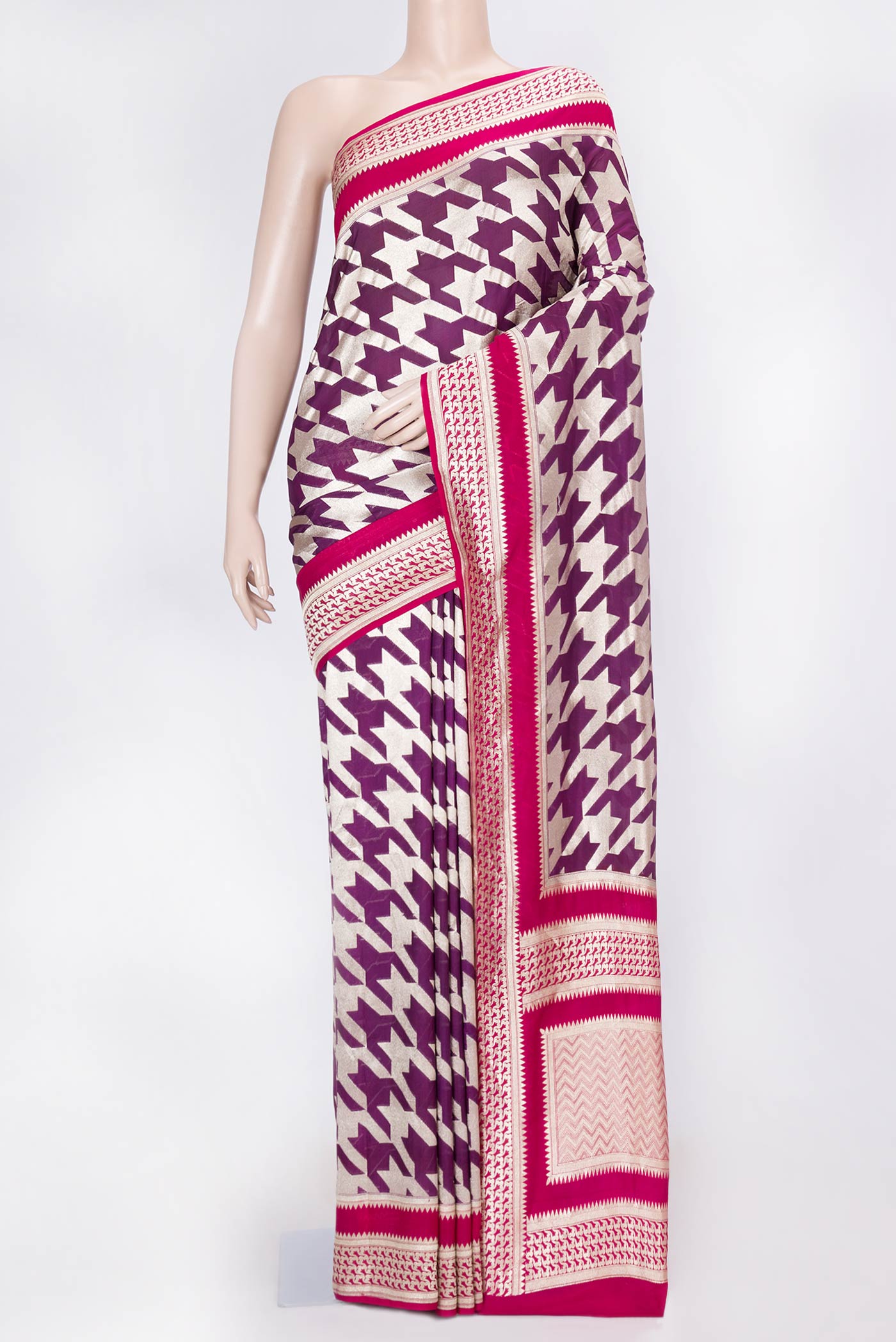 Purple Dual Tone Banarasi Silk Saree with Zari Brocade on the body and Zari Border displayed on a mannequin