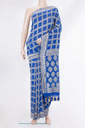 Royal Blue Bandhani Georgette Saree with Zari Brocade on the body and Zari Border.  displayed on a mannequin