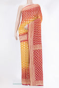Yellow Bandhani Georgette Saree with Zari Brocade on the body and Zari Border.  displayed on a mannequin