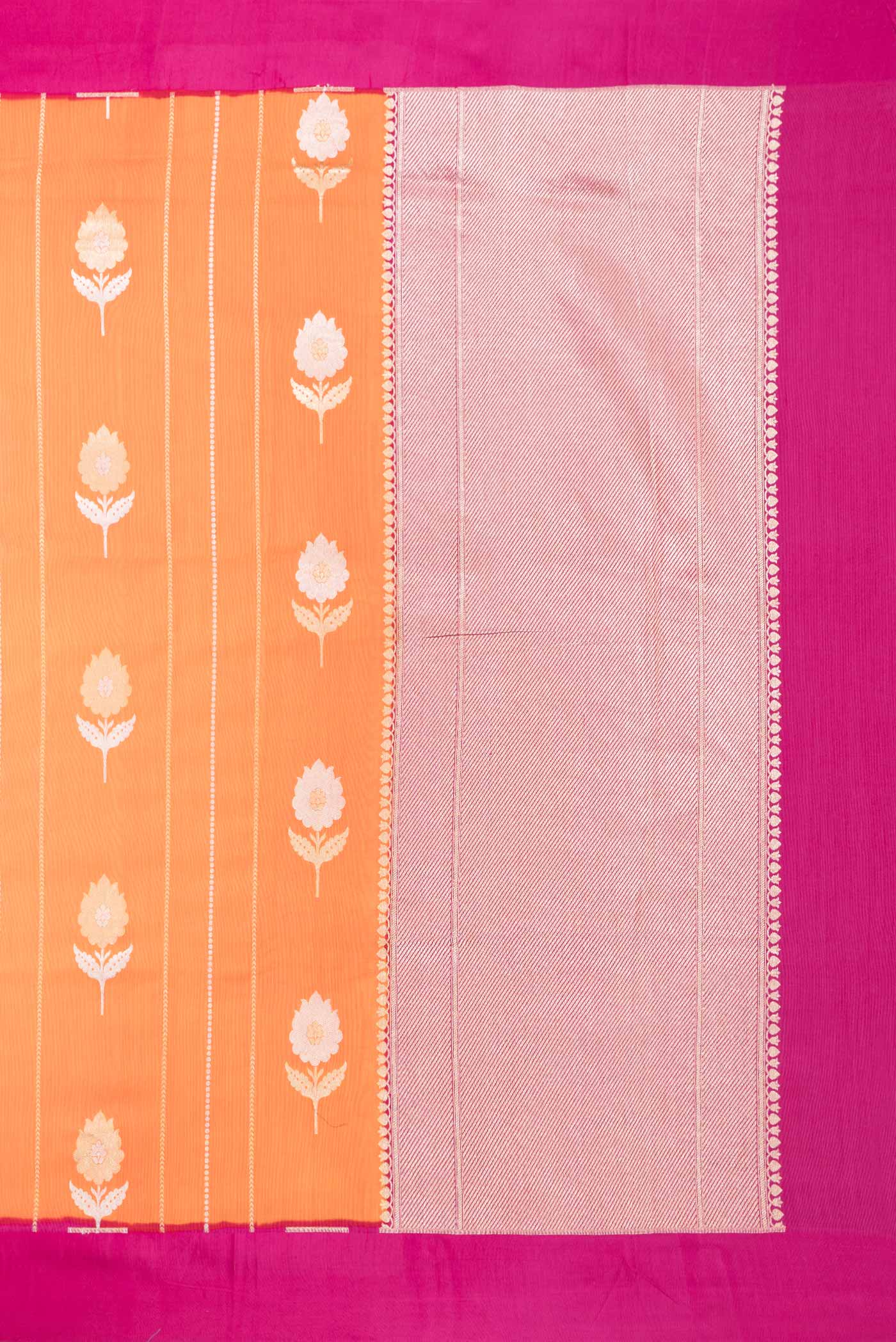 Close up image of the pallu of Orange Dual Tone Banarasi Saree with Zari Brocade on the body and Plain Border. 