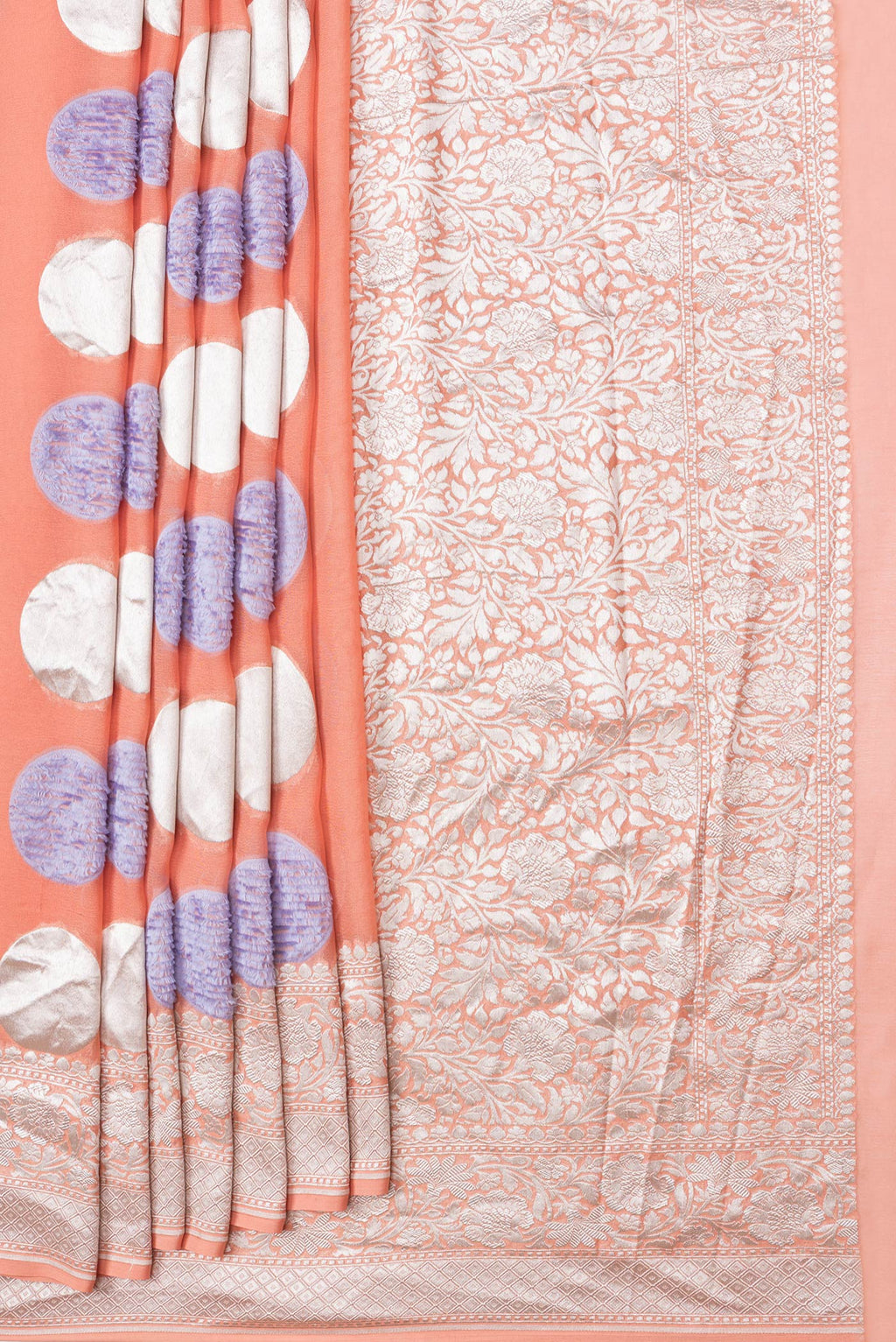 Pleats and pallu of Peach Dual Tone Banarasi Georgette Saree with Zari And Thread Butta on the body and Zari Border. 