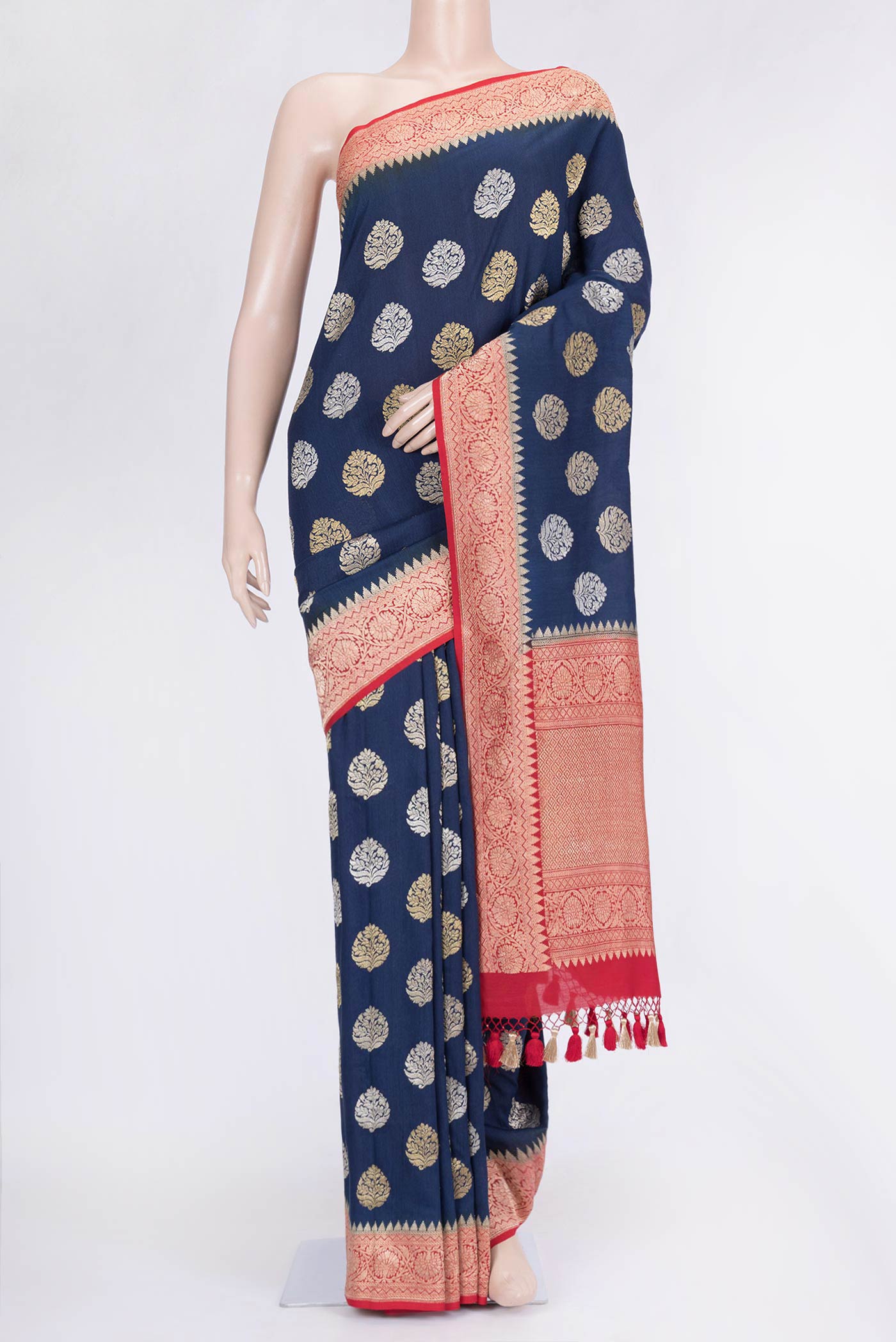 Navy Blue Dual Tone Banarasi Saree with Zari Brocade on the body and Zari Border.  displayed on a mannequin