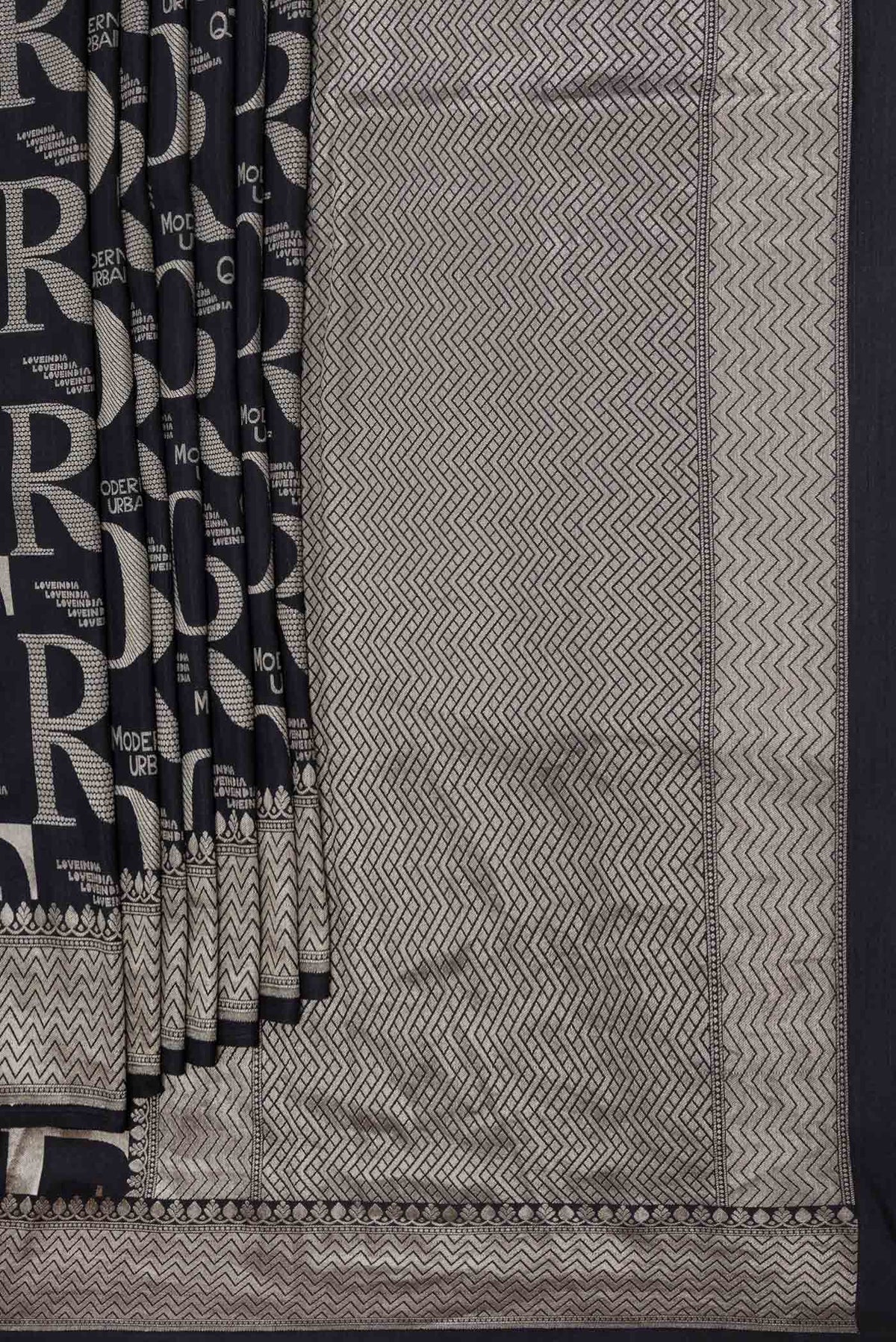 Pleats and pallu of Black Dual Tone Banarasi Silk Saree with Zari Brocade on the body and Zari Border