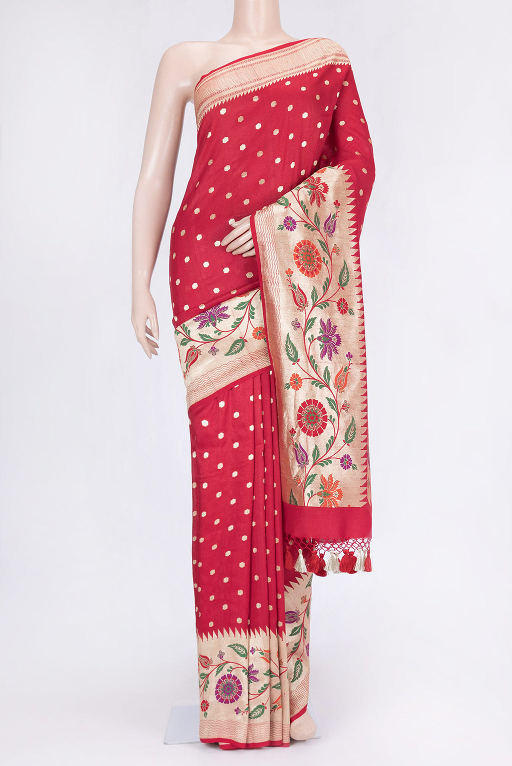 Red Dual Tone Tussar Saree with Zari Butta on the body and Fancy Border.  displayed on a mannequin