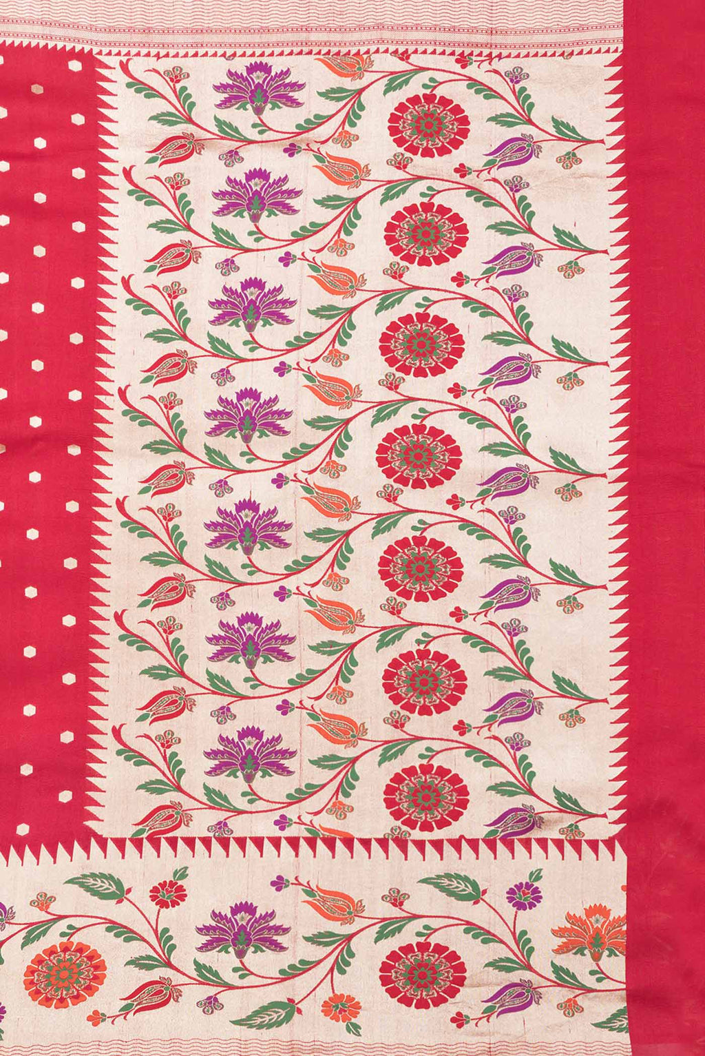Close up image of the pallu of Red Dual Tone Tussar Saree with Zari Butta on the body and Fancy Border. 
