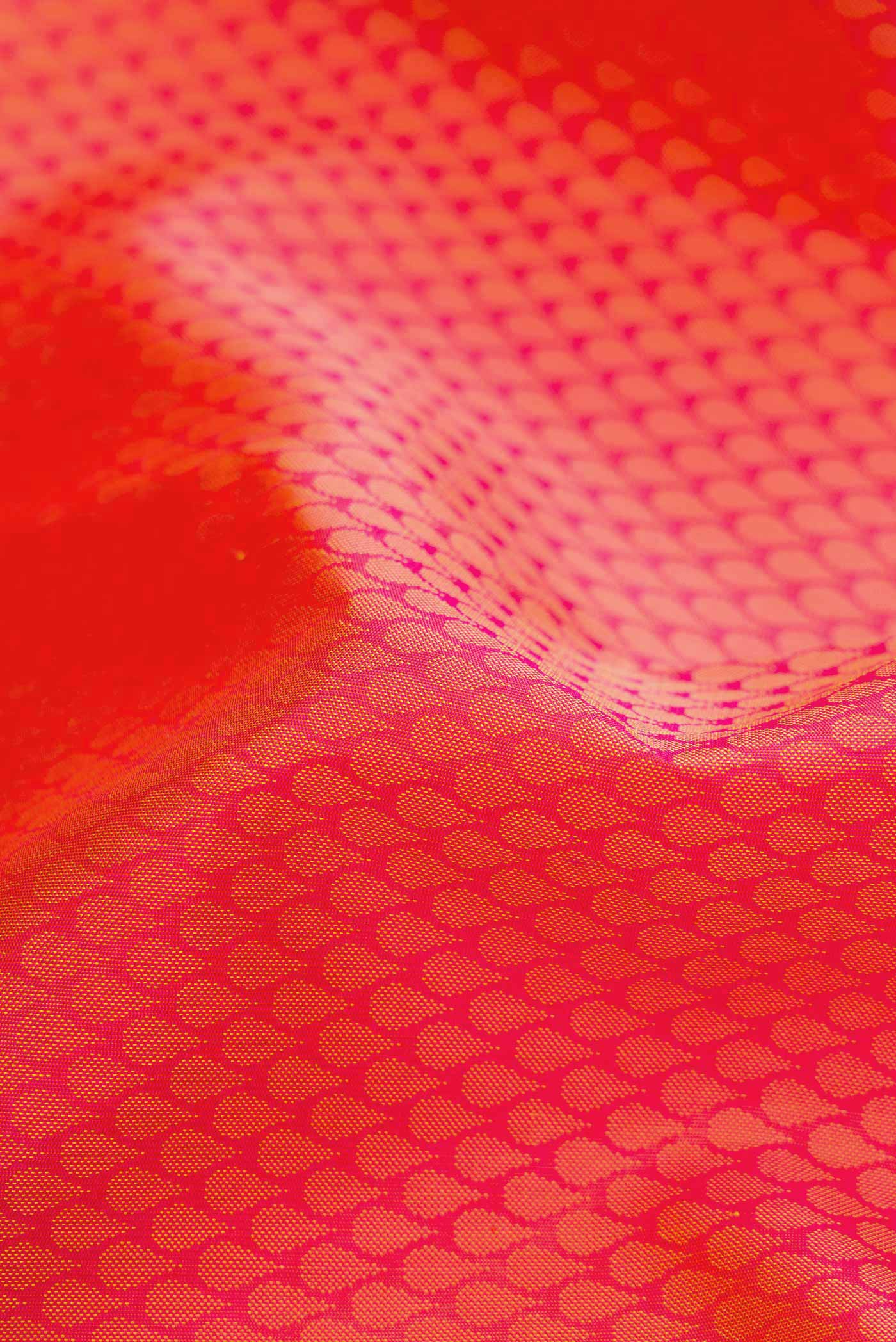 Close up of Pure Silk Pure Zari Peach Dual Tone Kanjivaram Saree with Jacquard design on the body and Zari Border.  displaying folds