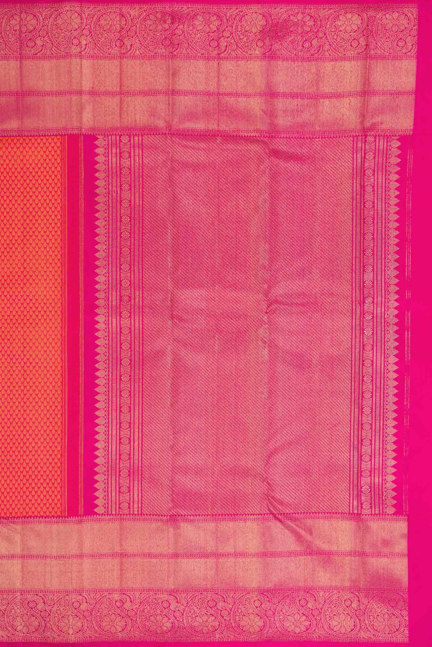 Close up image of the pallu of Pure Silk Pure Zari Peach Dual Tone Kanjivaram Saree with Jacquard design on the body and Zari Border. 