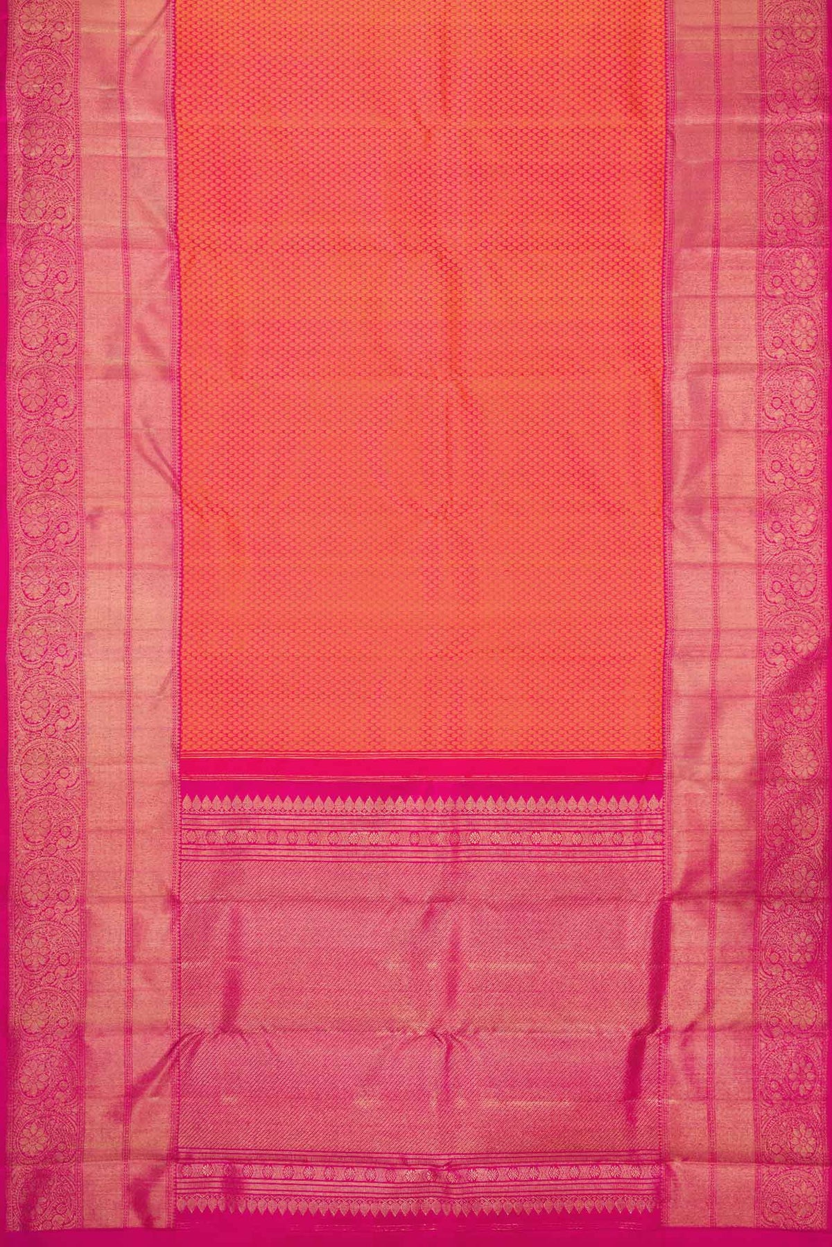 Flat view of Pure Silk Pure Zari Peach Dual Tone Kanjivaram Saree with Jacquard design on the body and Zari Border. 