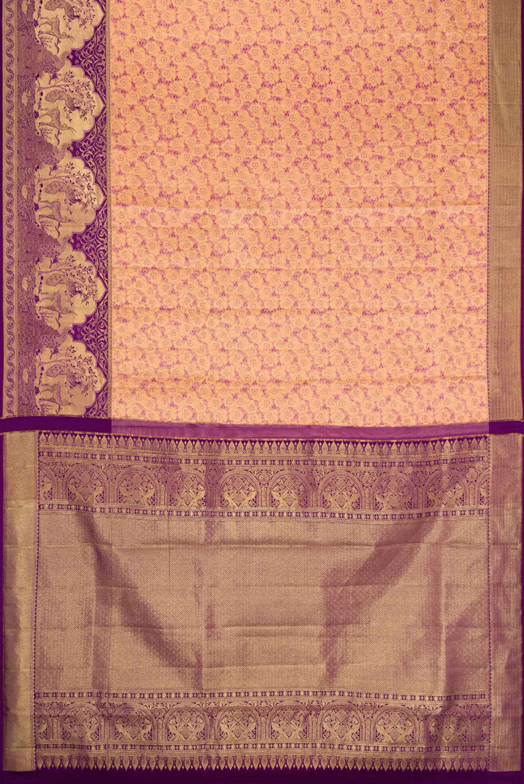 Flat view of Peach Dual Tone Kanjivaram Silk Saree with Zari Brocade on the body and Zari Border. 