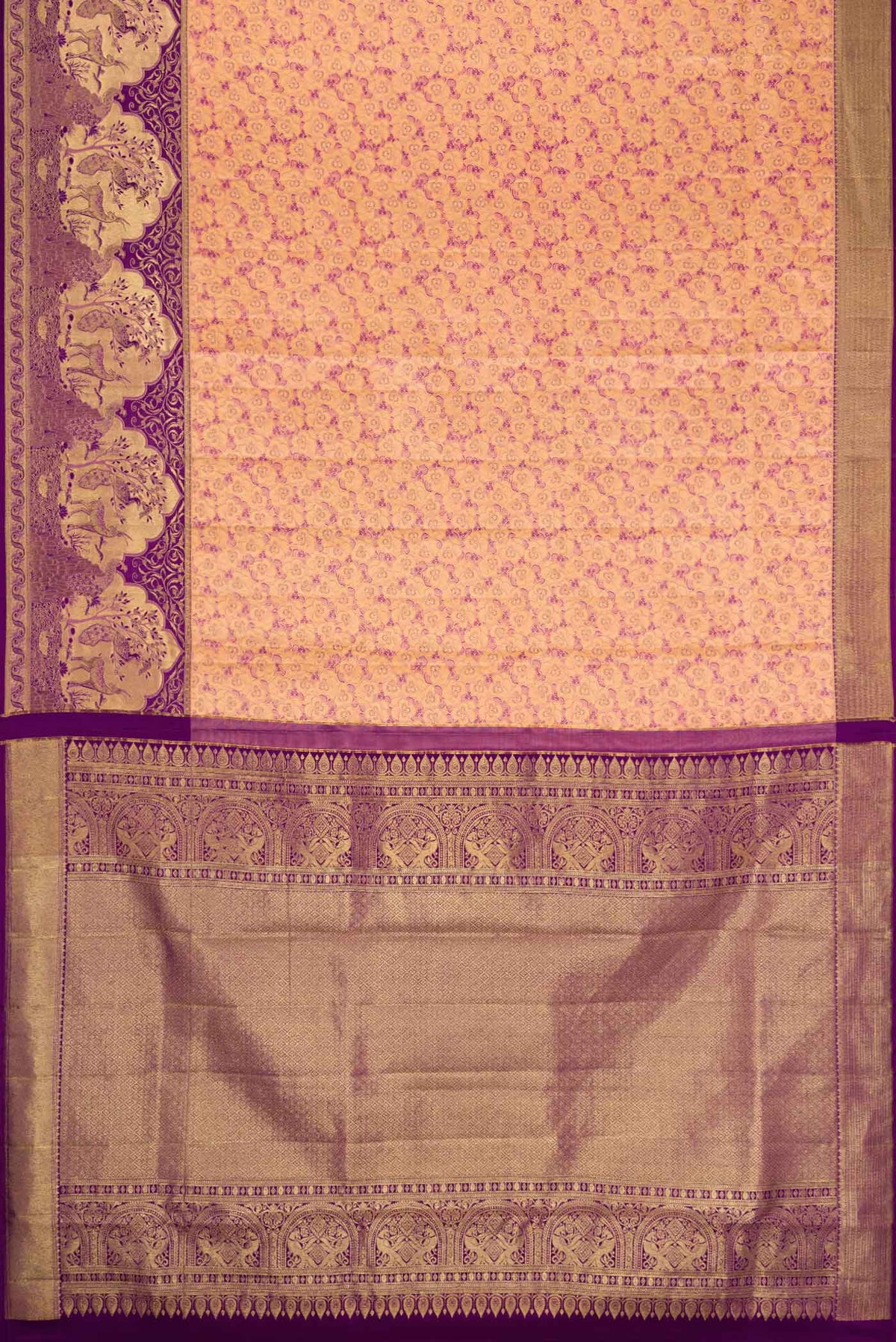 Flat view of Peach Dual Tone Kanjivaram Silk Saree with Zari Brocade on the body and Zari Border. 