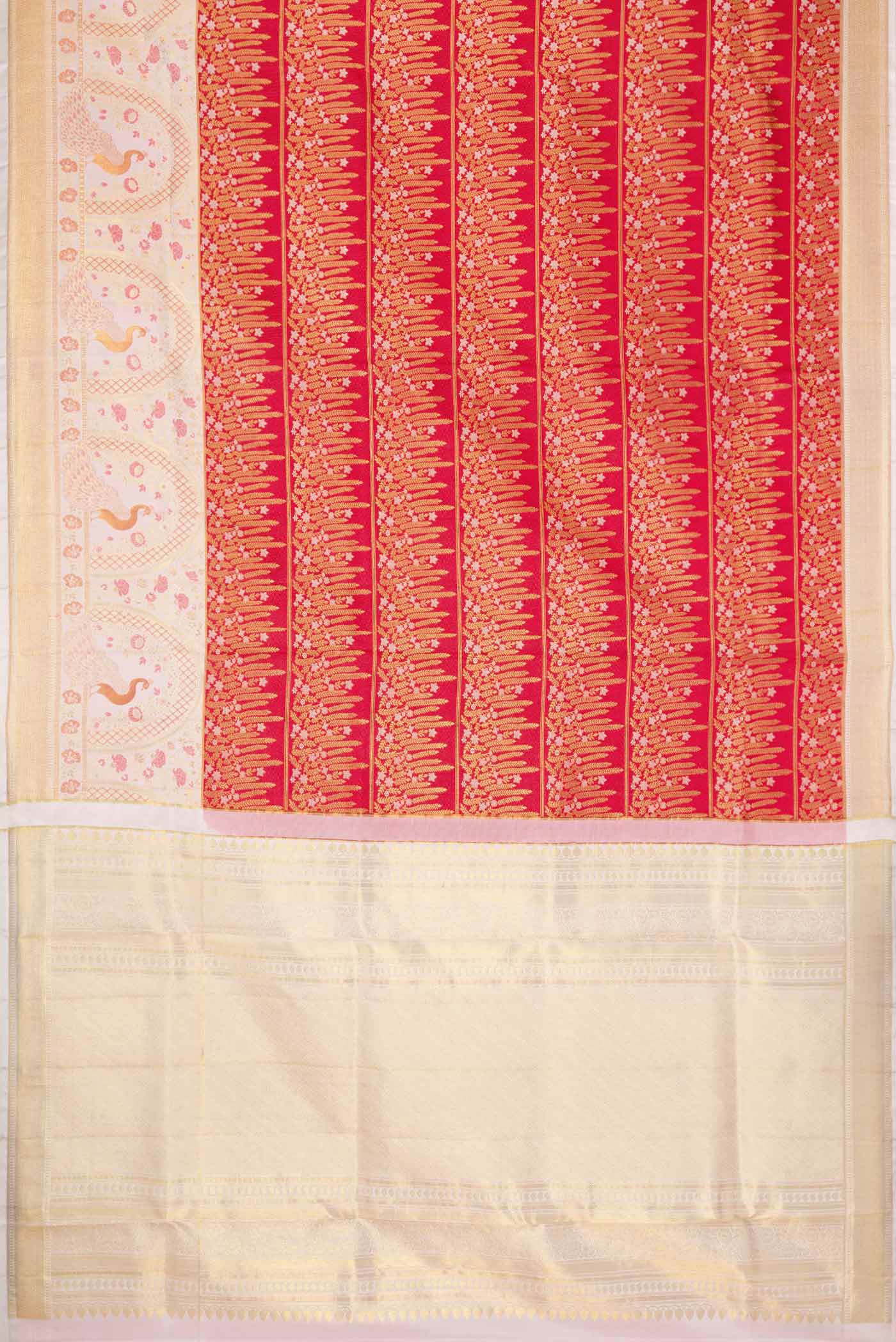 Flat view of Red Dual Tone Kanjivaram Silk Saree with Zari Brocade on the body and Fancy Border. 
