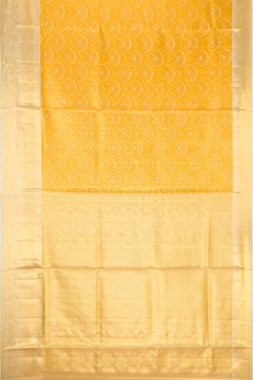 Flat view of Gold Dual Tone Kanjivaram Tissue Silk Saree with Zari Brocade on the body and Zari Border. 