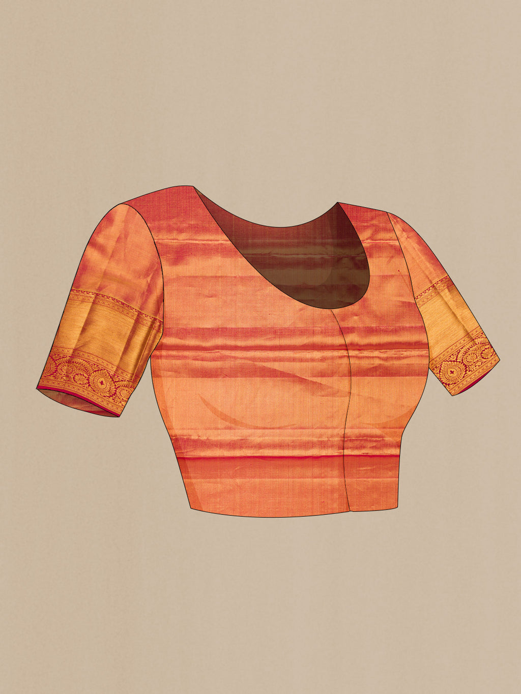 Close up image of the blouse of Maroon Dual Tone Kanjivaram Tissue Silk Saree with Zari Brocade on the body and Zari Border. 