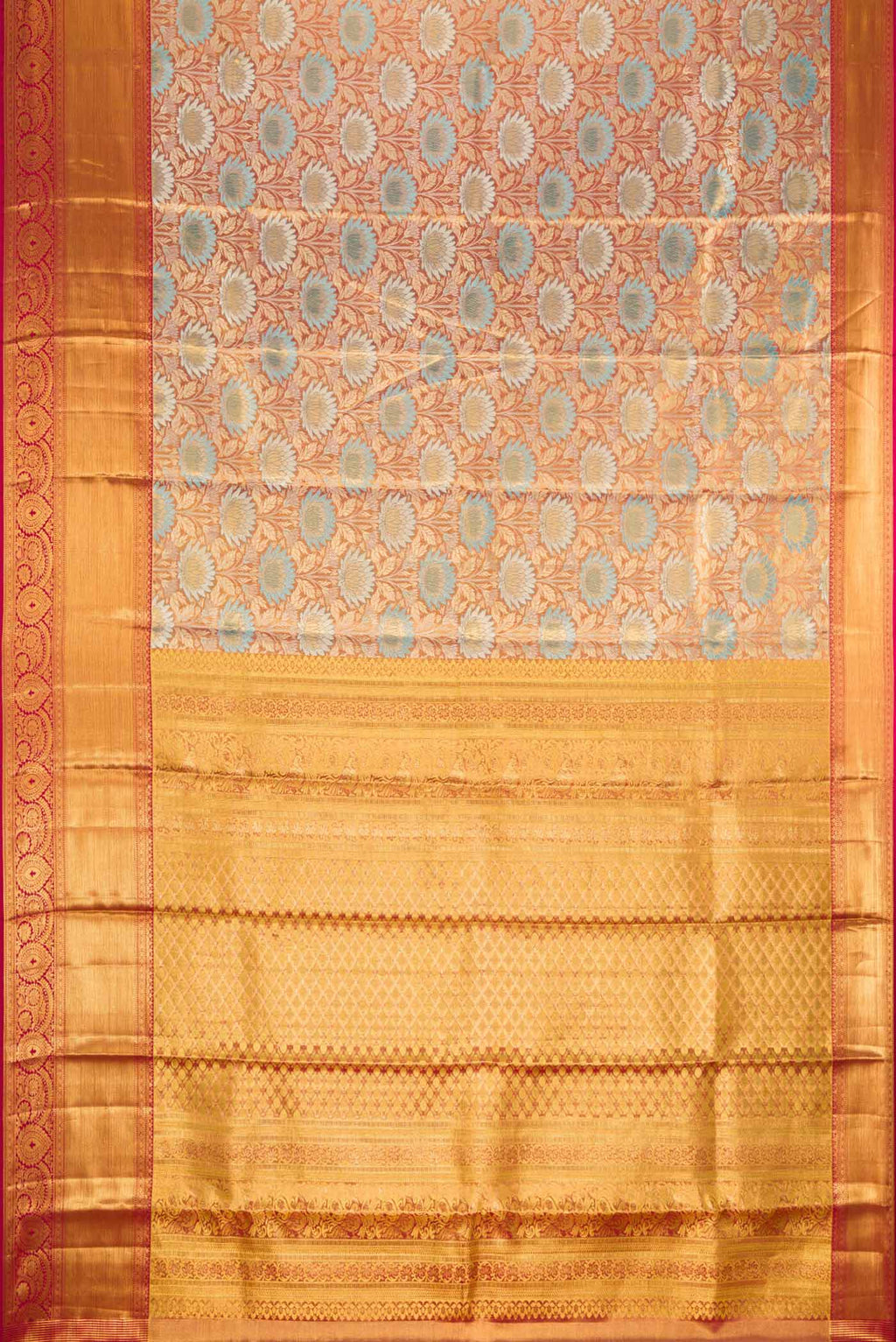 Flat view of Maroon Dual Tone Kanjivaram Tissue Silk Saree with Zari Brocade on the body and Zari Border. 