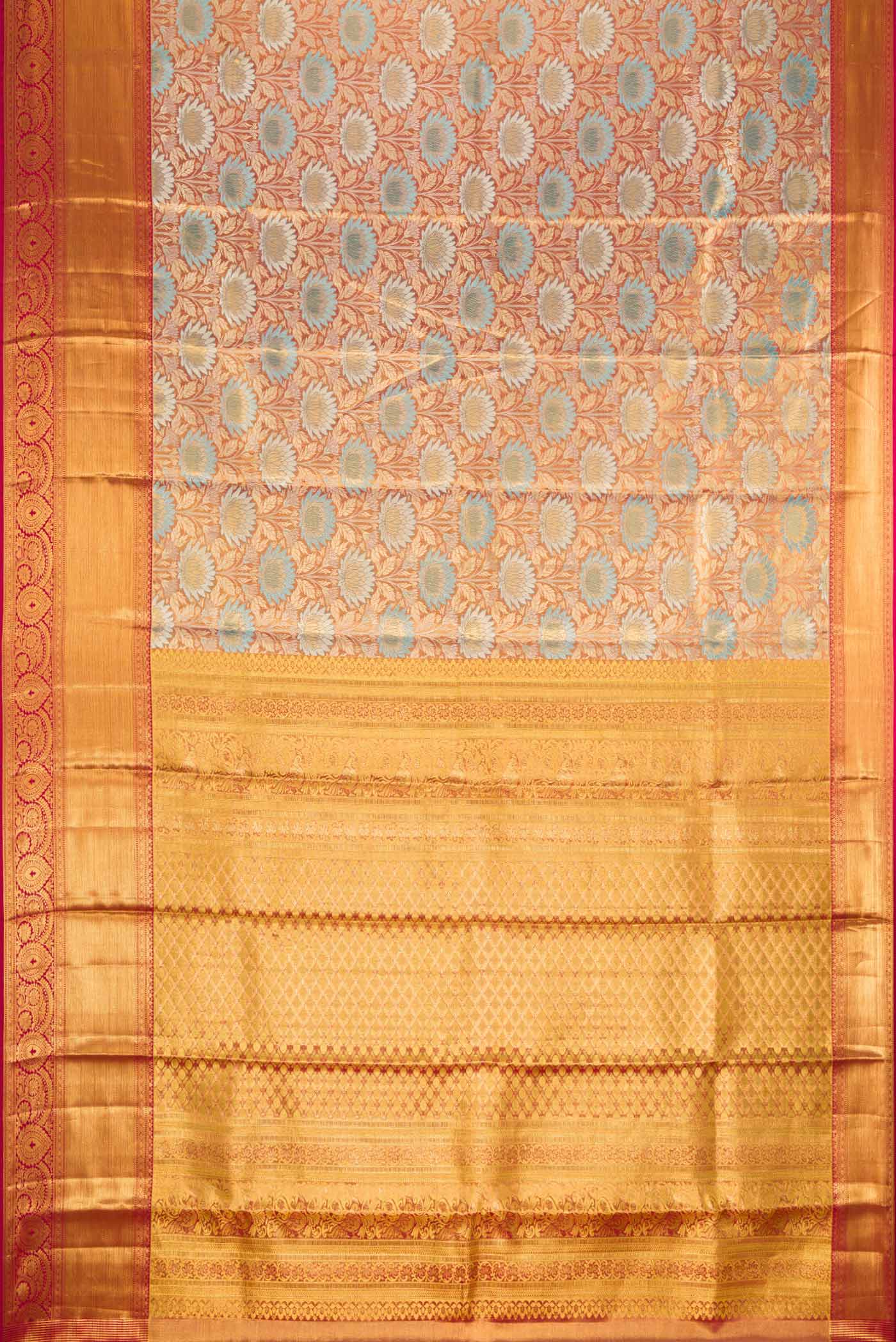 Flat view of Maroon Dual Tone Kanjivaram Tissue Silk Saree with Zari Brocade on the body and Zari Border. 