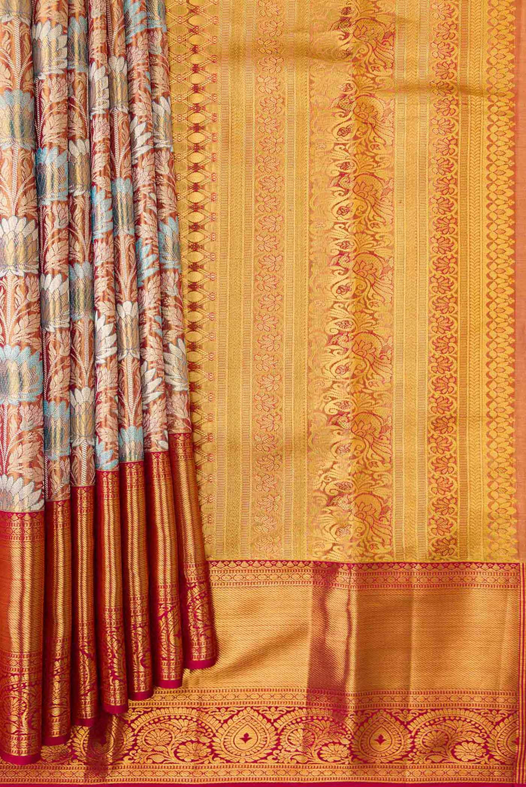 Pleats and pallu of Maroon Dual Tone Kanjivaram Tissue Silk Saree with Zari Brocade on the body and Zari Border. 