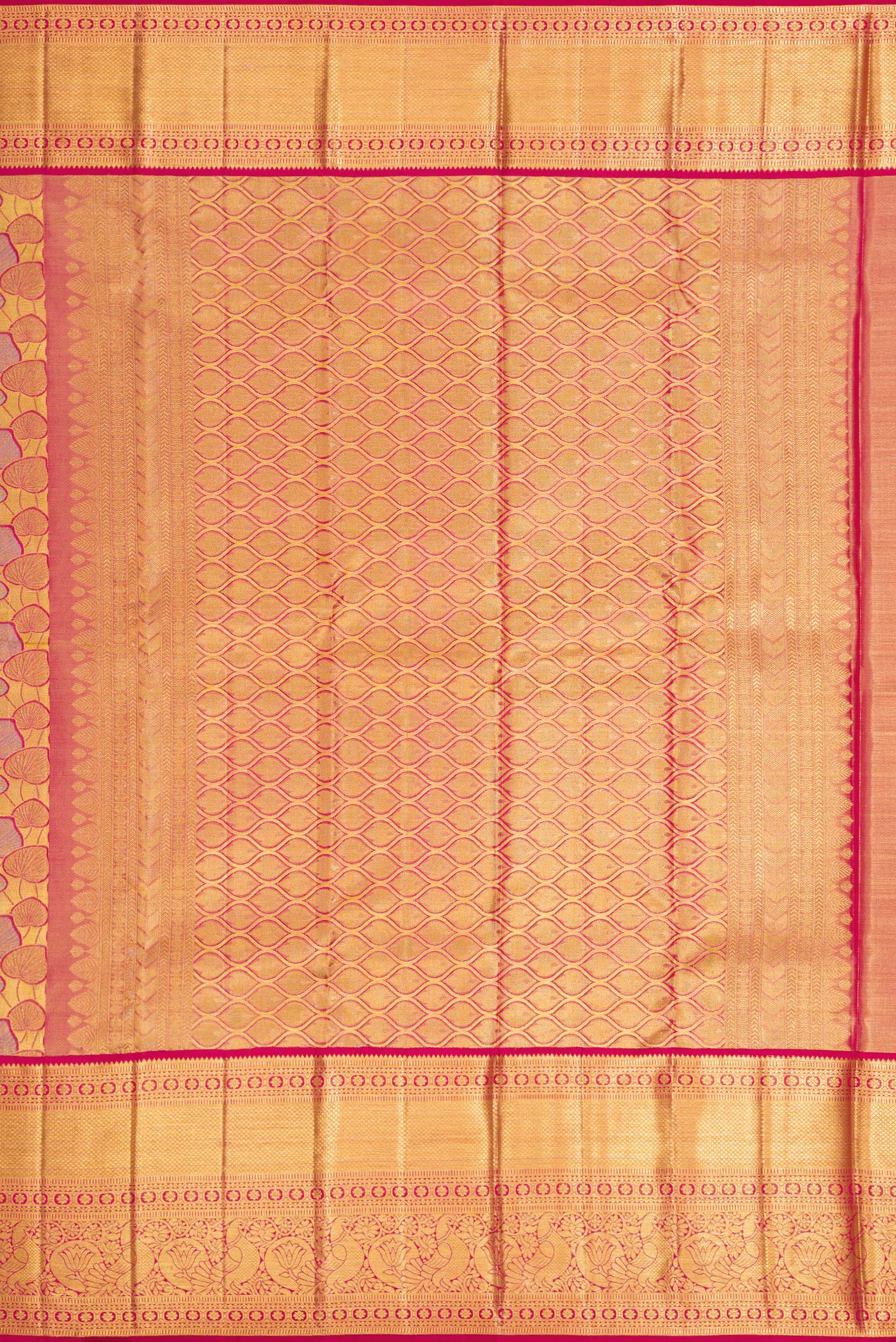 Close up image of the pallu of Gold Dual Tone Kanchipuram Tissue Silk Saree with Zari Brocade on the body and Zari Border. 