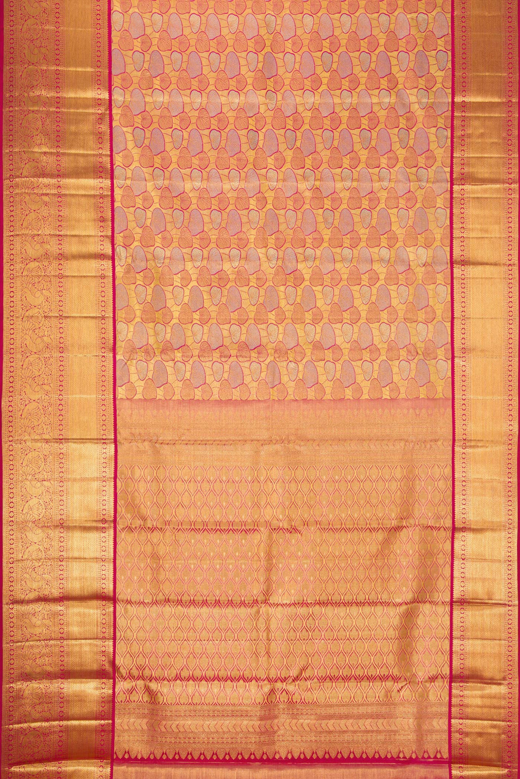 Flat view of Gold Dual Tone Kanchipuram Tissue Silk Saree with Zari Brocade on the body and Zari Border. 