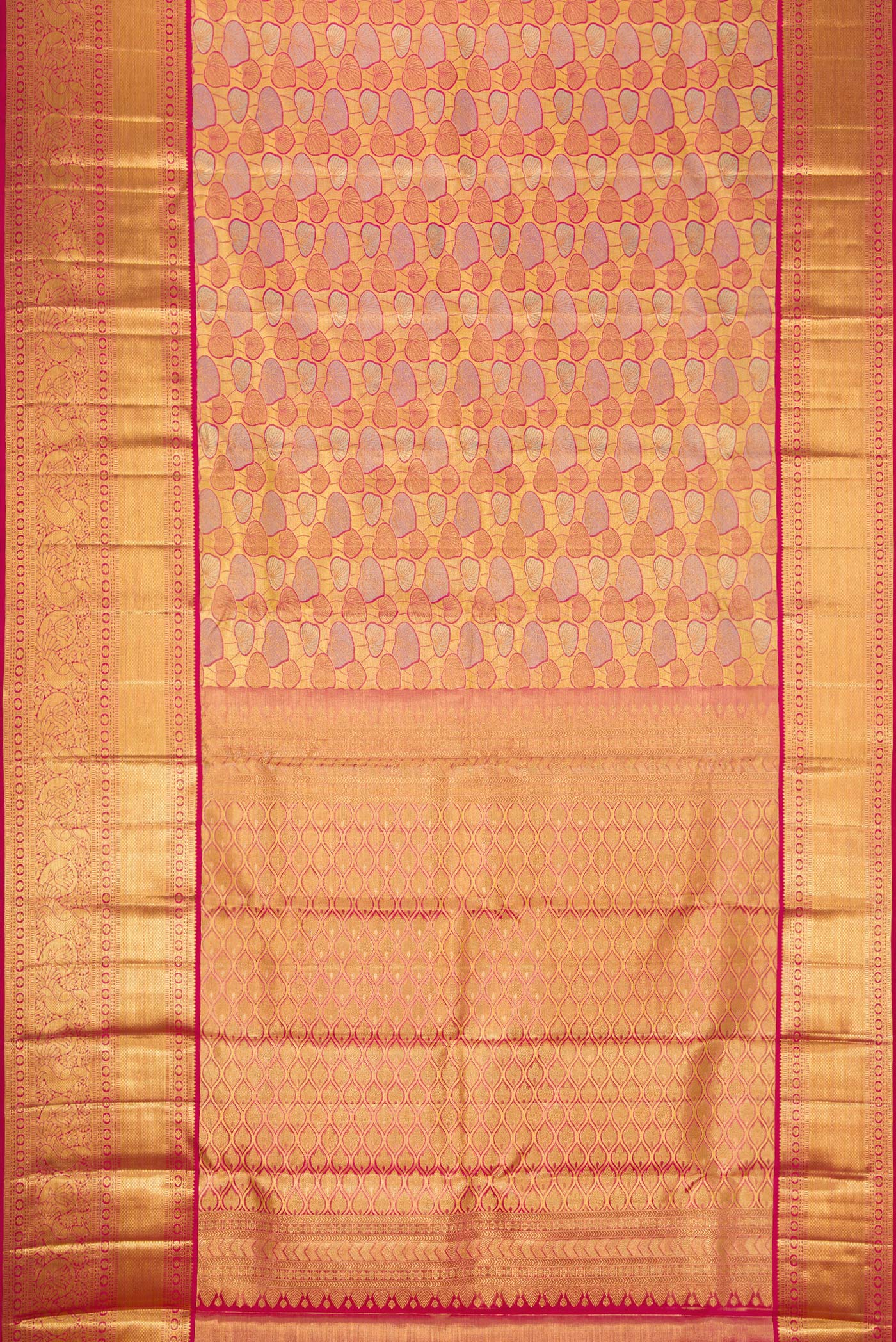 Flat view of Gold Dual Tone Kanchipuram Tissue Silk Saree with Zari Brocade on the body and Zari Border. 