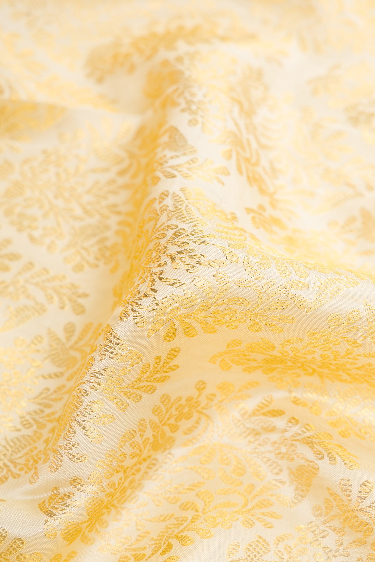Close up of Off White Dual Tone Kanchipuram Silk Saree with Zari Brocade on the body and Zari Border.  displaying folds