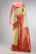 Off White Dual Tone Kanchipuram Silk Saree with Zari Brocade on the body and Zari Border.  displayed on a mannequin