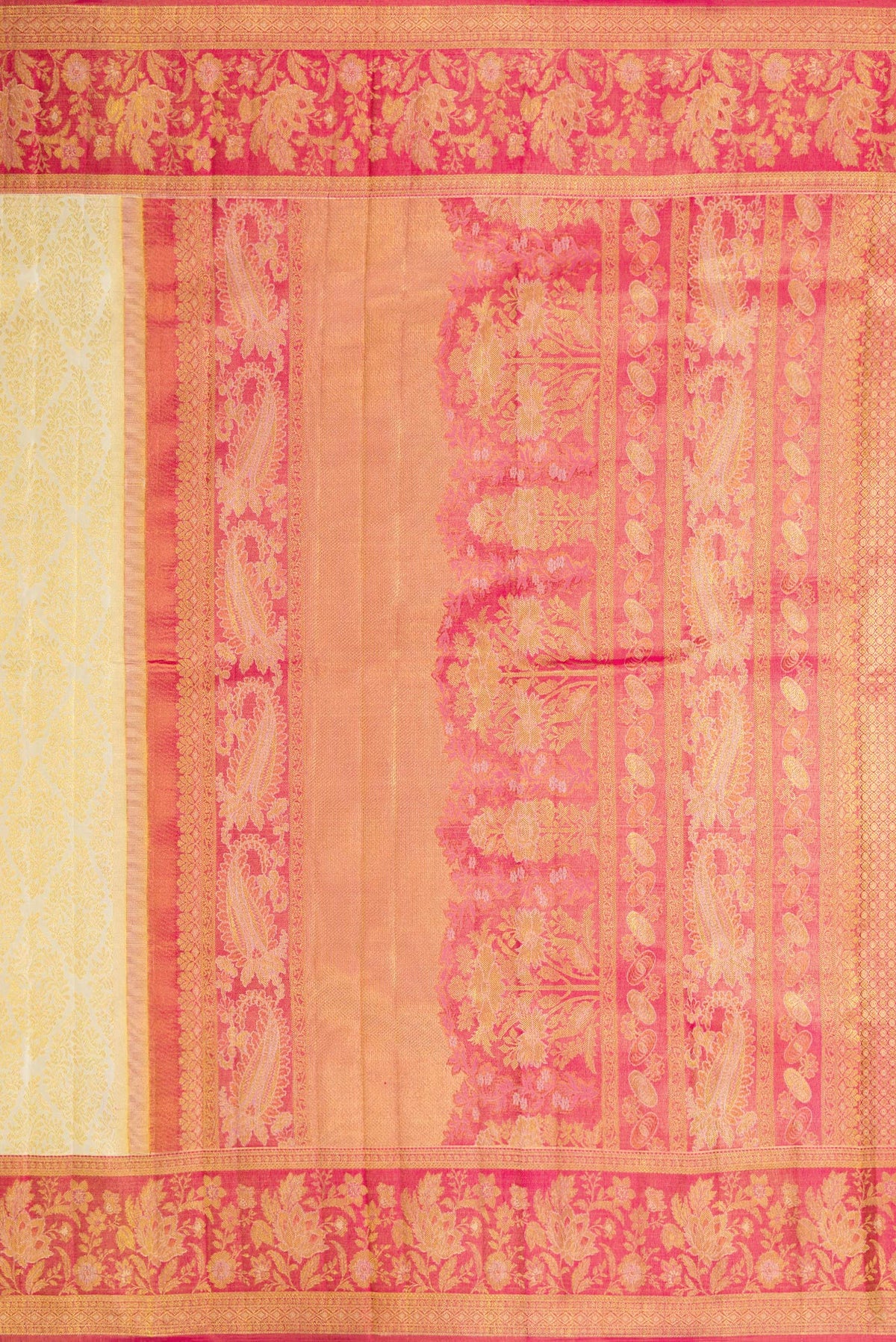 Close up image of the pallu of Off White Dual Tone Kanchipuram Silk Saree with Zari Brocade on the body and Zari Border. 