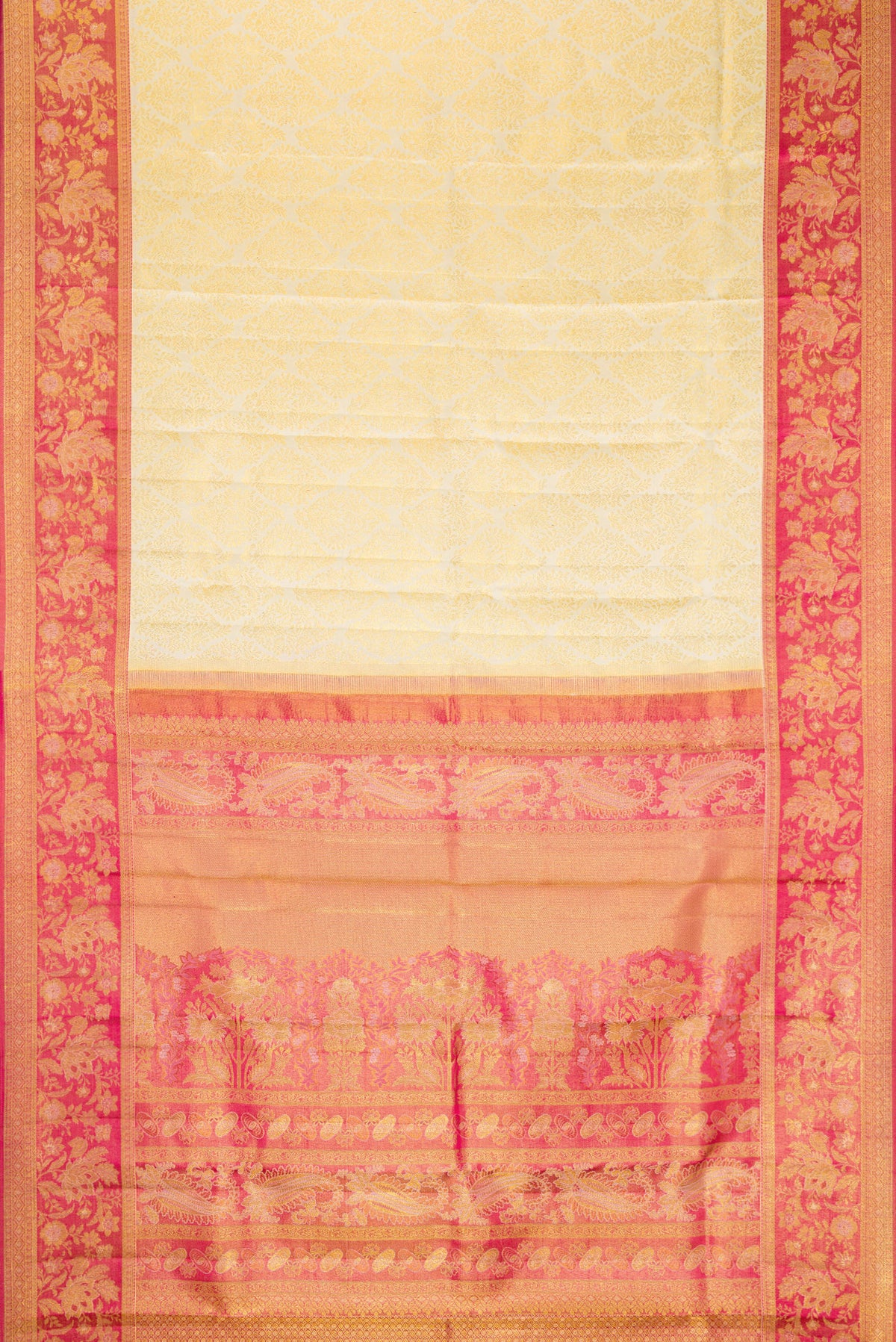 Flat view of Off White Dual Tone Kanchipuram Silk Saree with Zari Brocade on the body and Zari Border. 