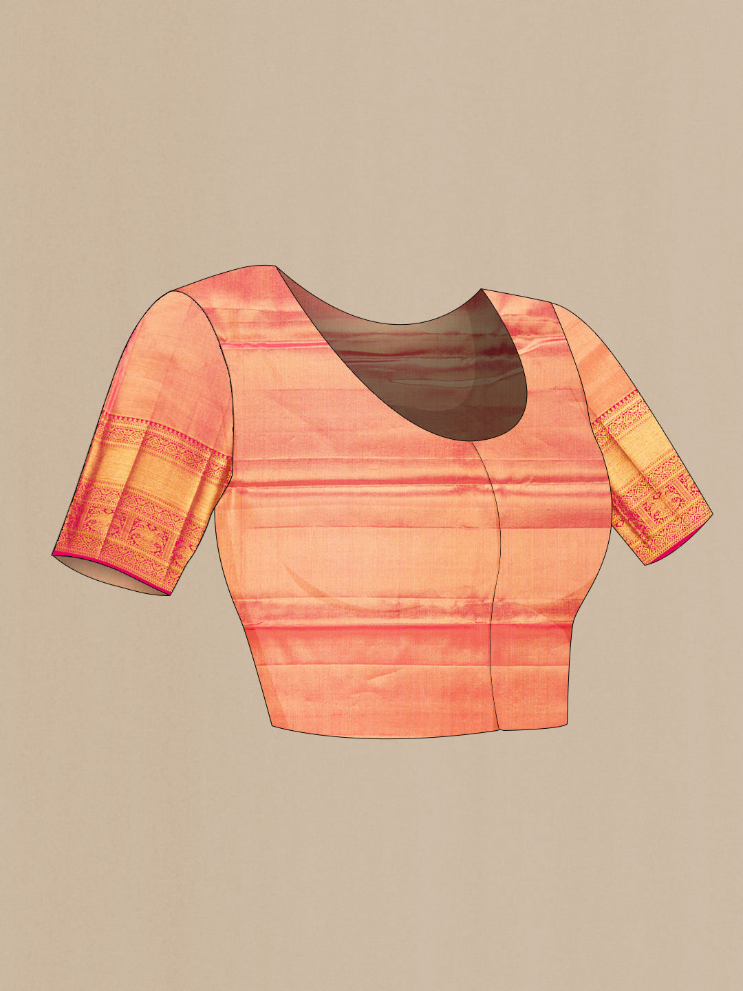 Close up image of the blouse of Gold Dual Tone Kanchipuram Tissue Silk Saree with Zari Brocade on the body and Zari Border. 