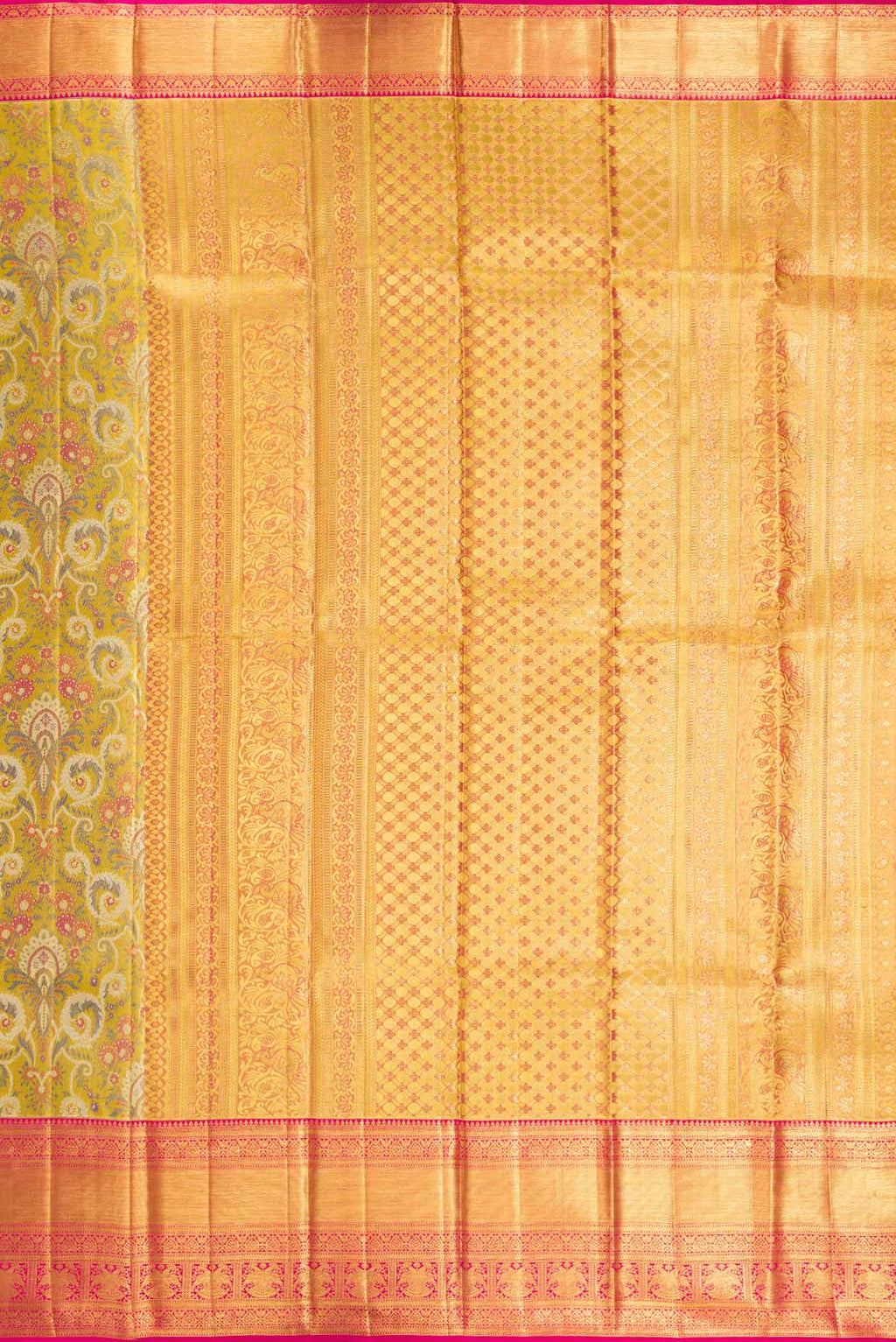 Close up image of the pallu of Gold Dual Tone Kanchipuram Tissue Silk Saree with Zari Brocade on the body and Zari Border. 