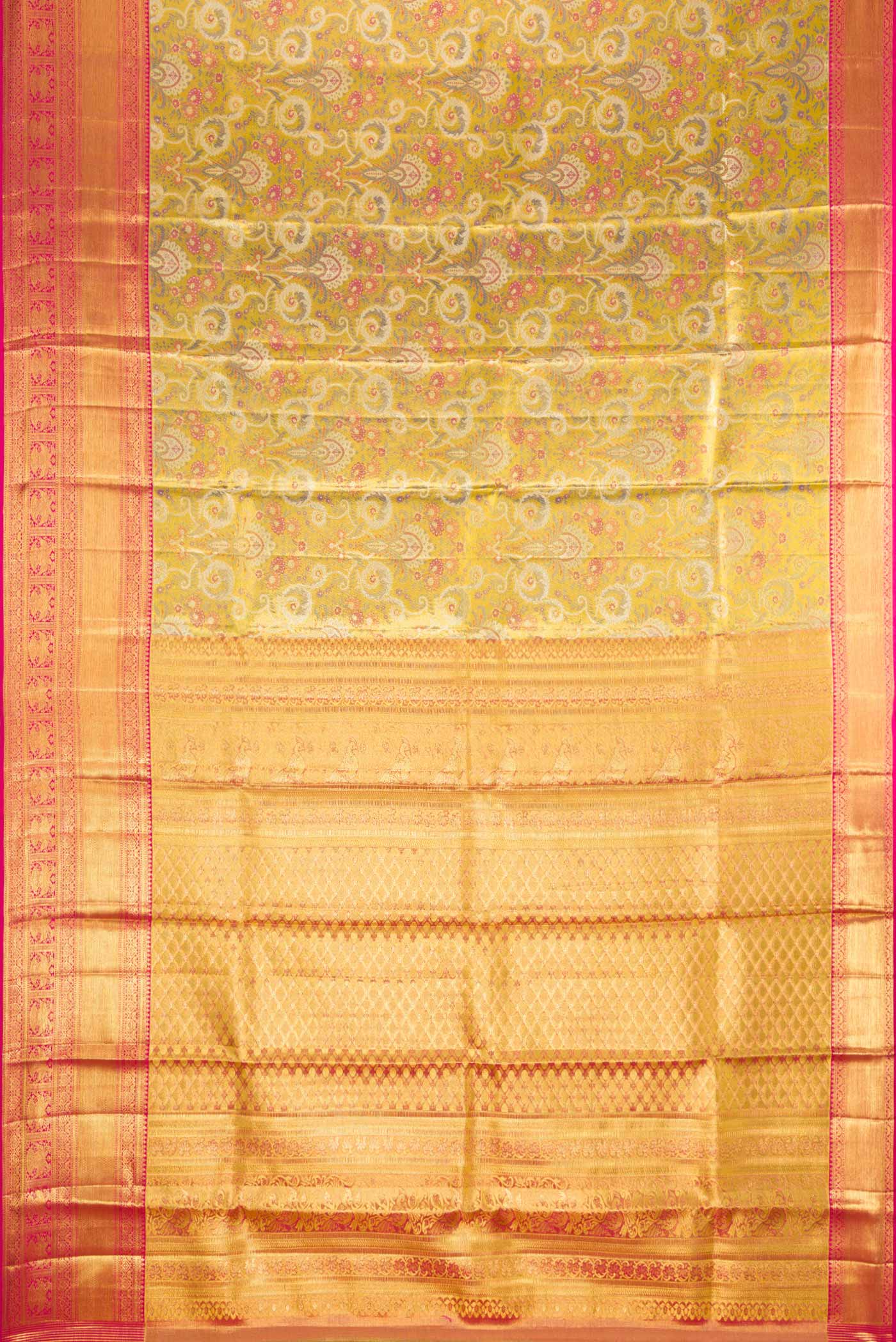 Flat view of Gold Dual Tone Kanchipuram Tissue Silk Saree with Zari Brocade on the body and Zari Border. 
