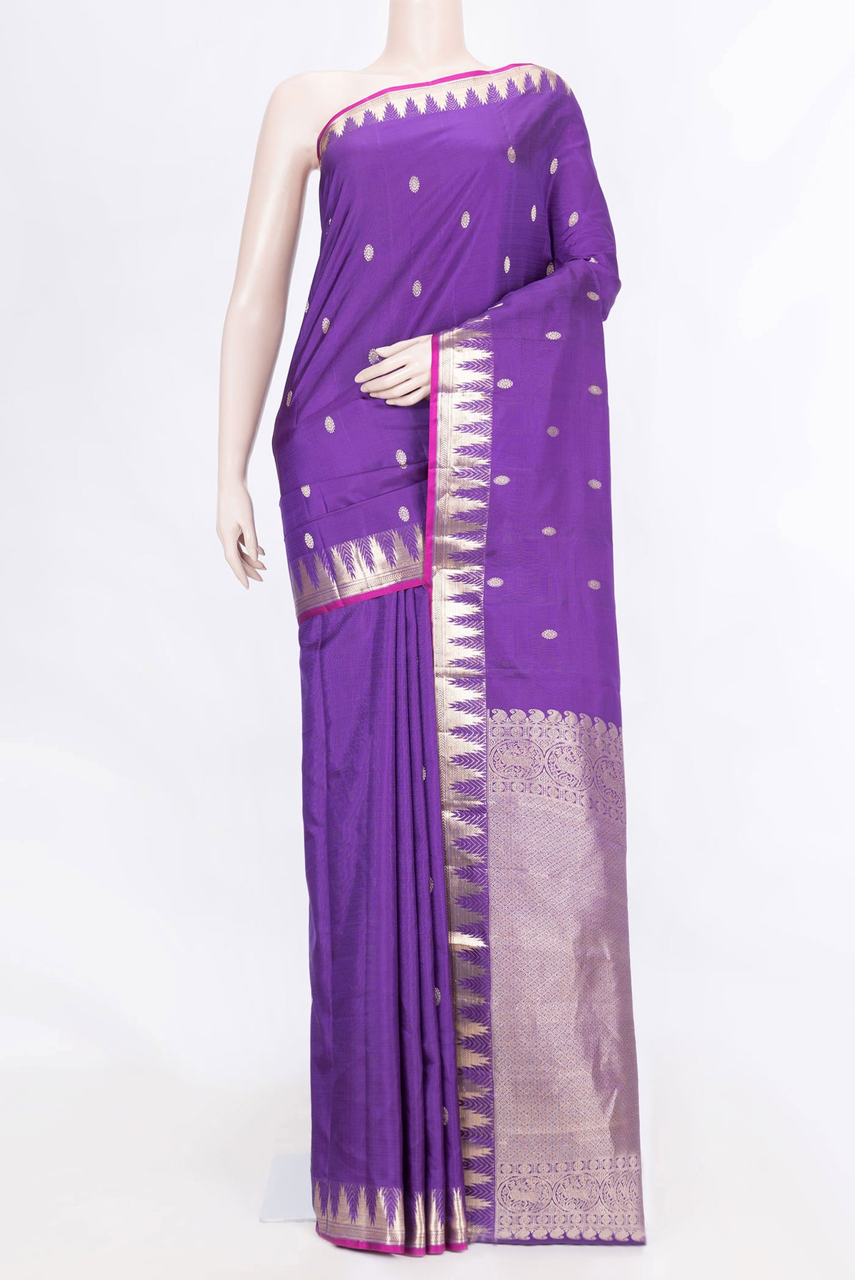 Violet Dual Tone Kanchipuram Silk Saree with Zari Butta on the body and Zari Border displayed on a mannequin
